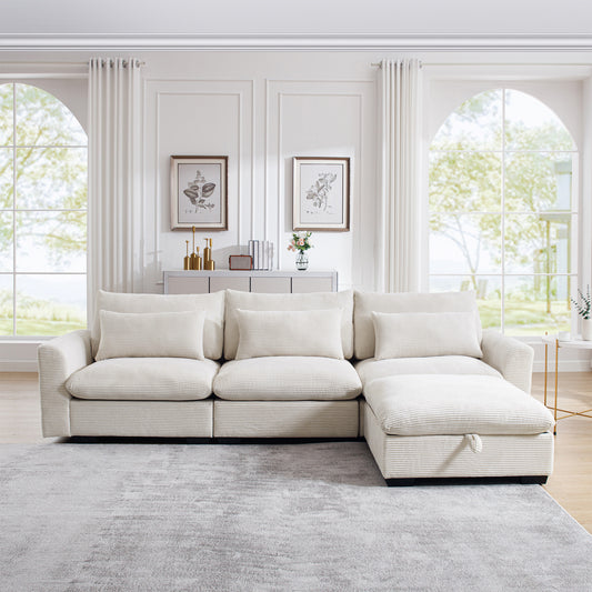 Cream corduroy sectional sofa with chaise lounge and storage