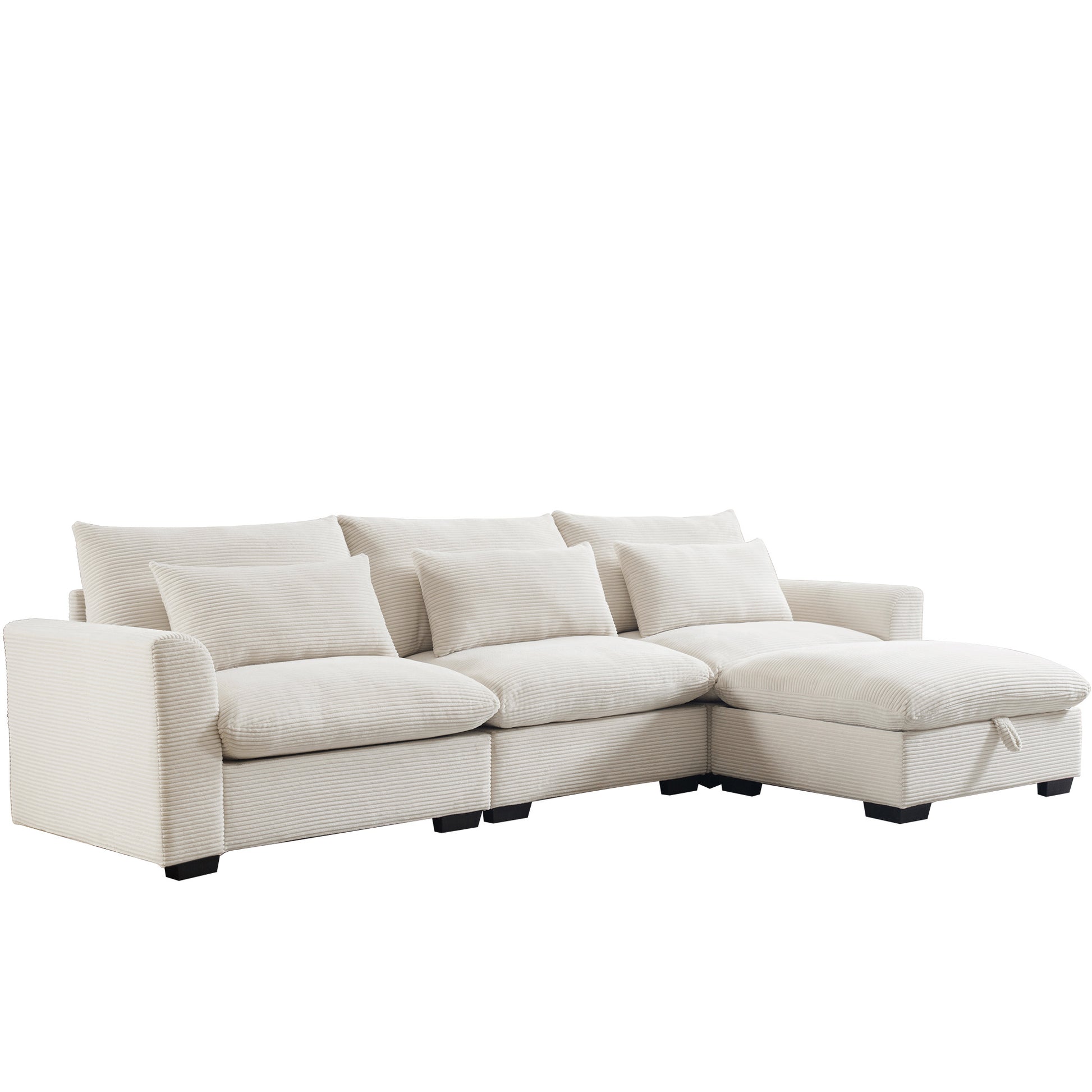 Cream corduroy sectional sofa with plush cushions and a chaise lounge