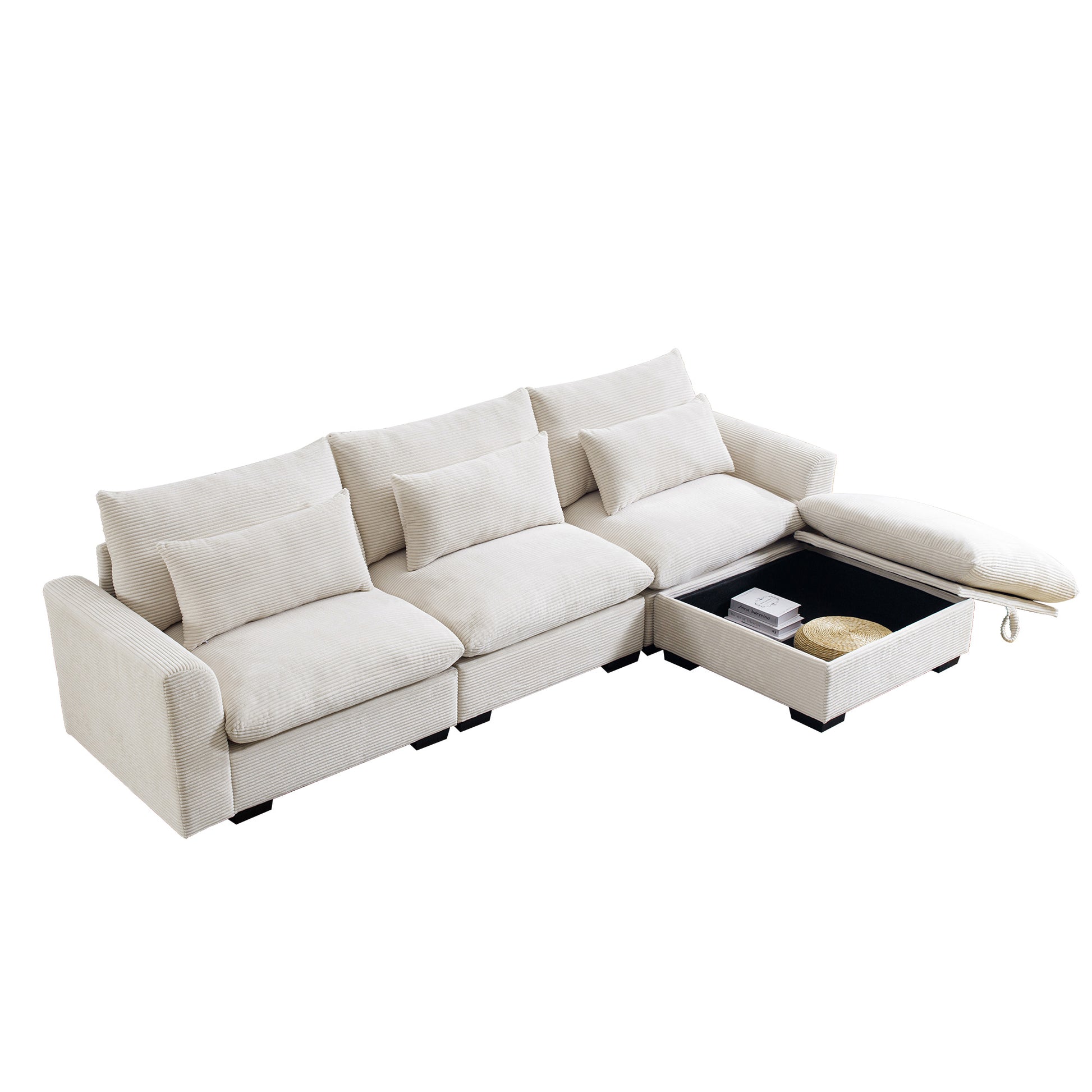 Sectional cream corduroy sofa with hidden storage compartment and plush pillows