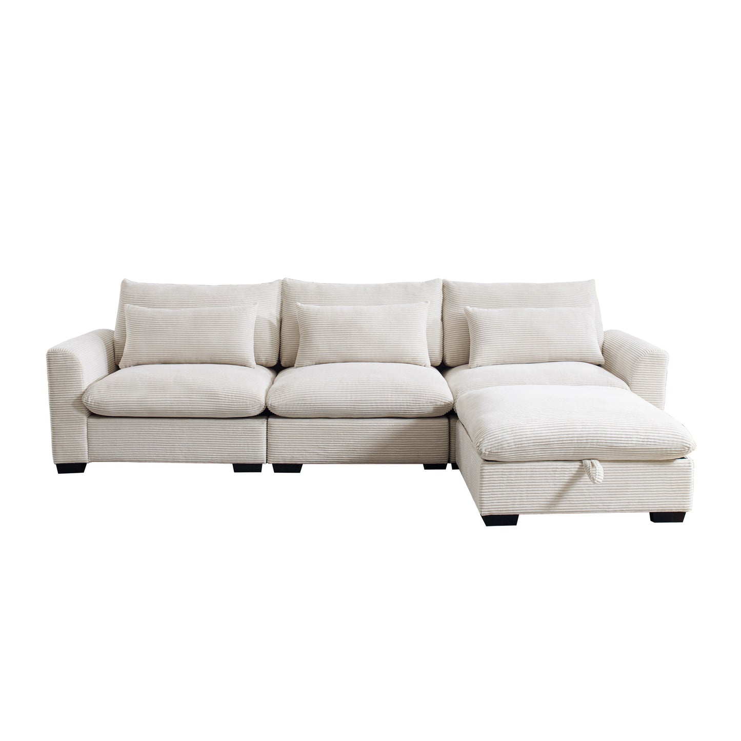 Cream corduroy sectional sofa with plush cushions and storage chaise