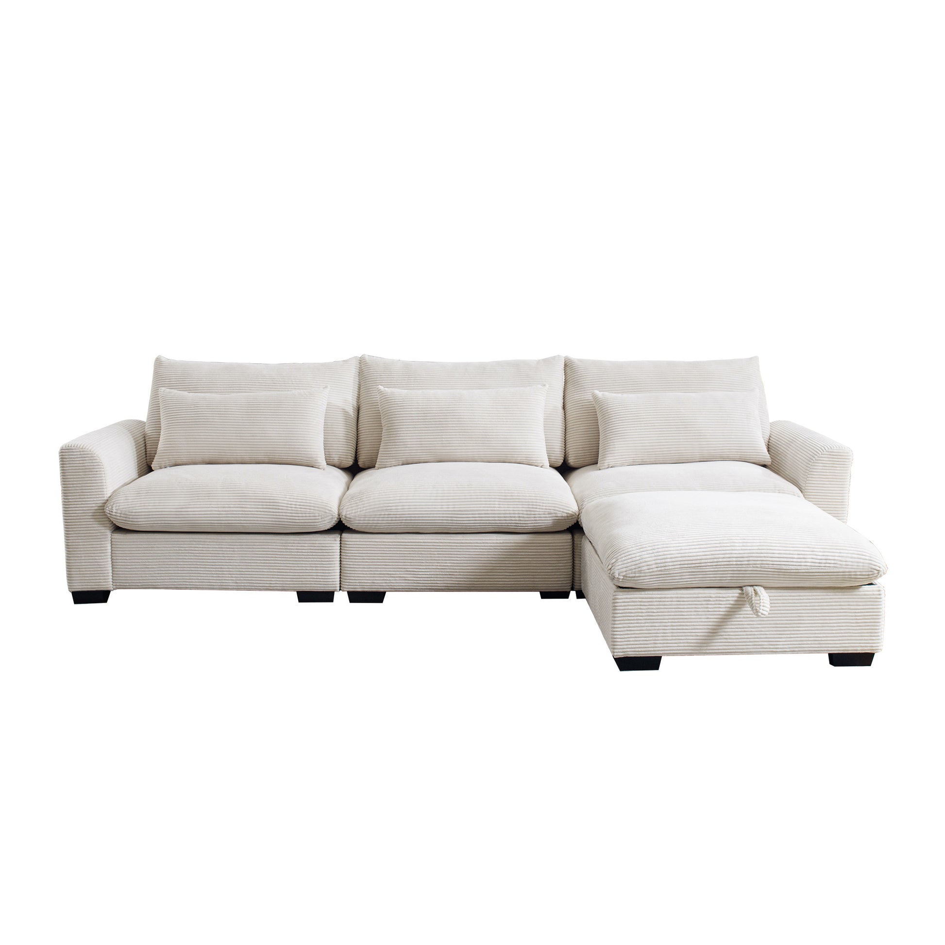 Cream corduroy sectional sofa with plush cushions and storage chaise