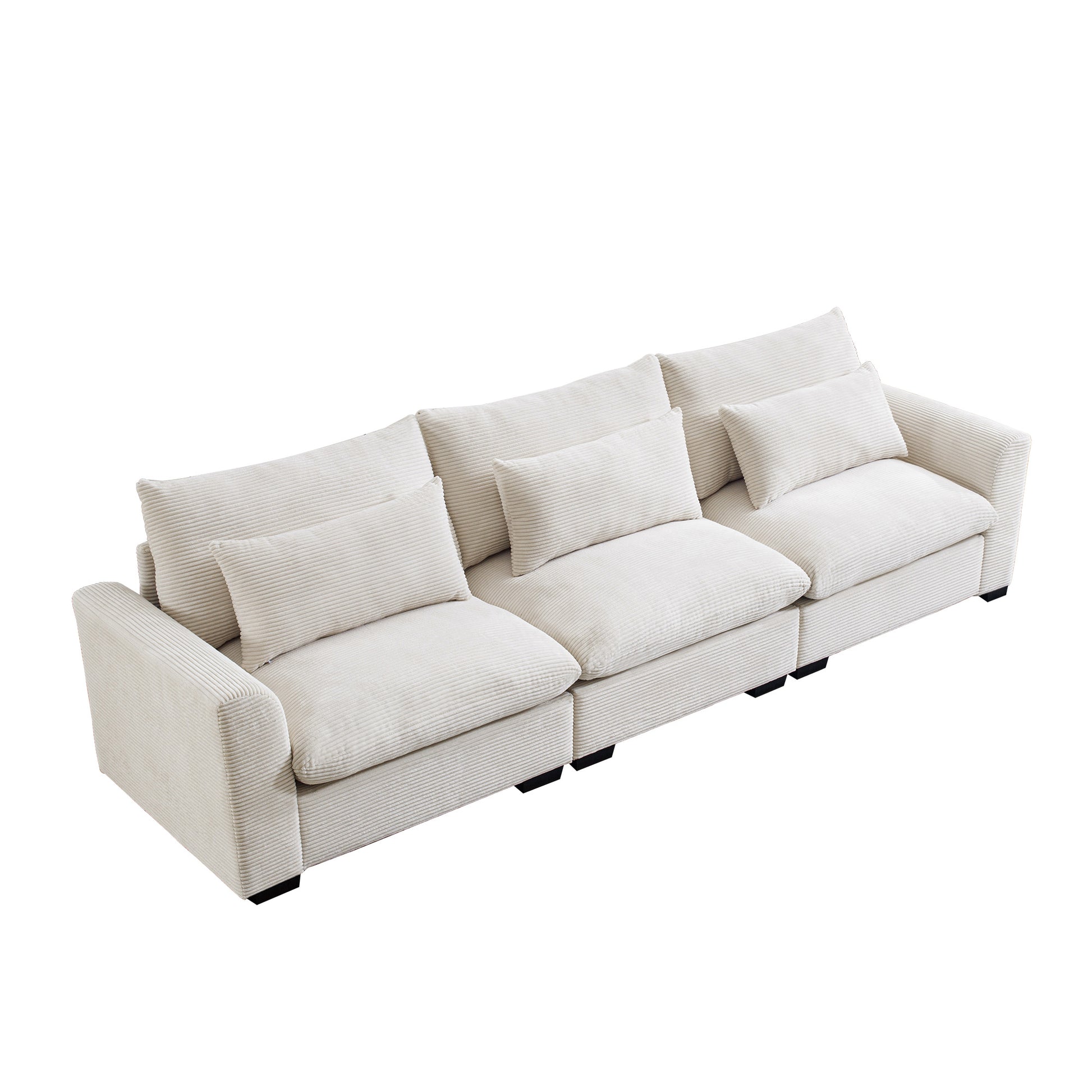 Threeseater cream corduroy sofa with plush cushions for living room comfort