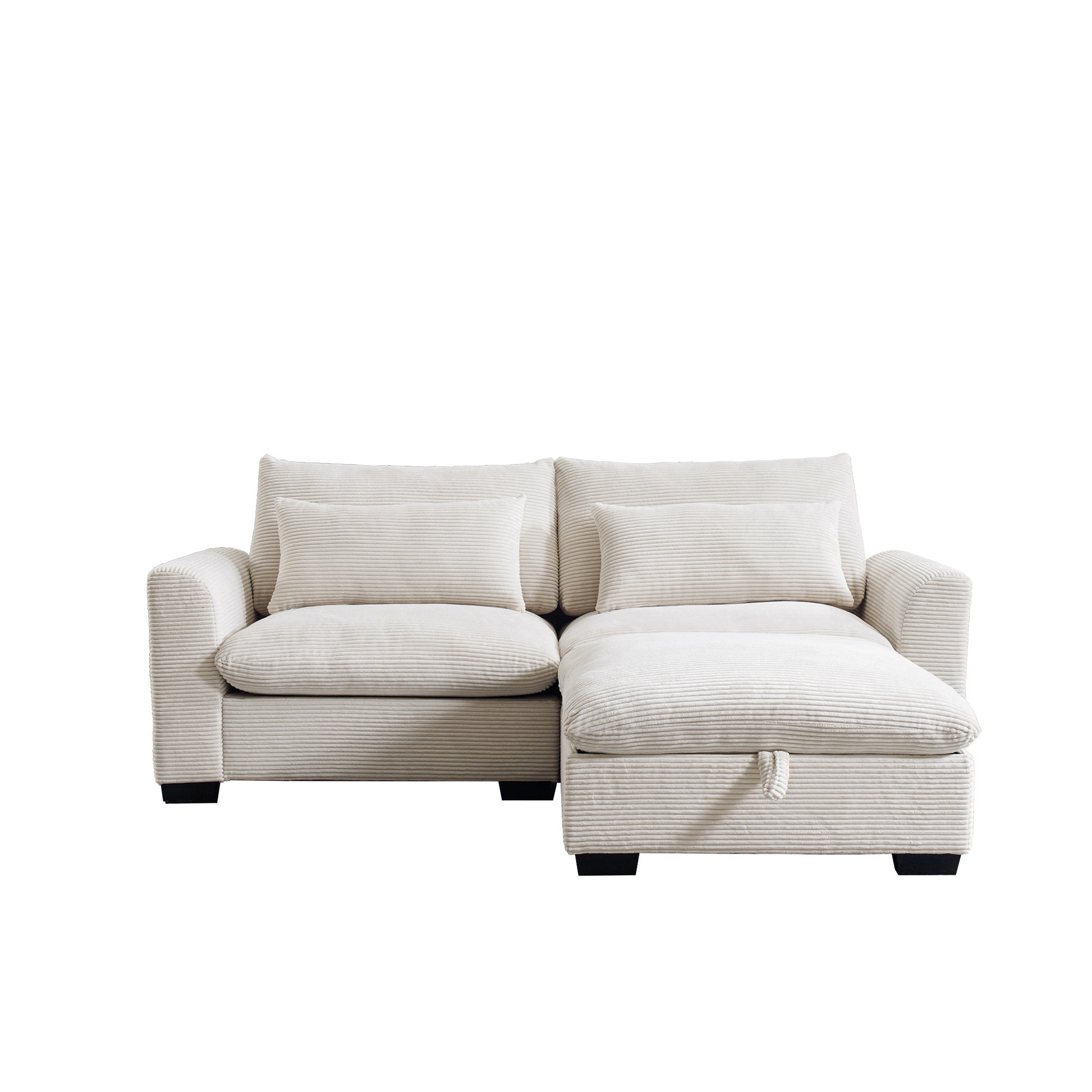 Cream corduroy sectional sofa with hidden storage chaise for living room comfort