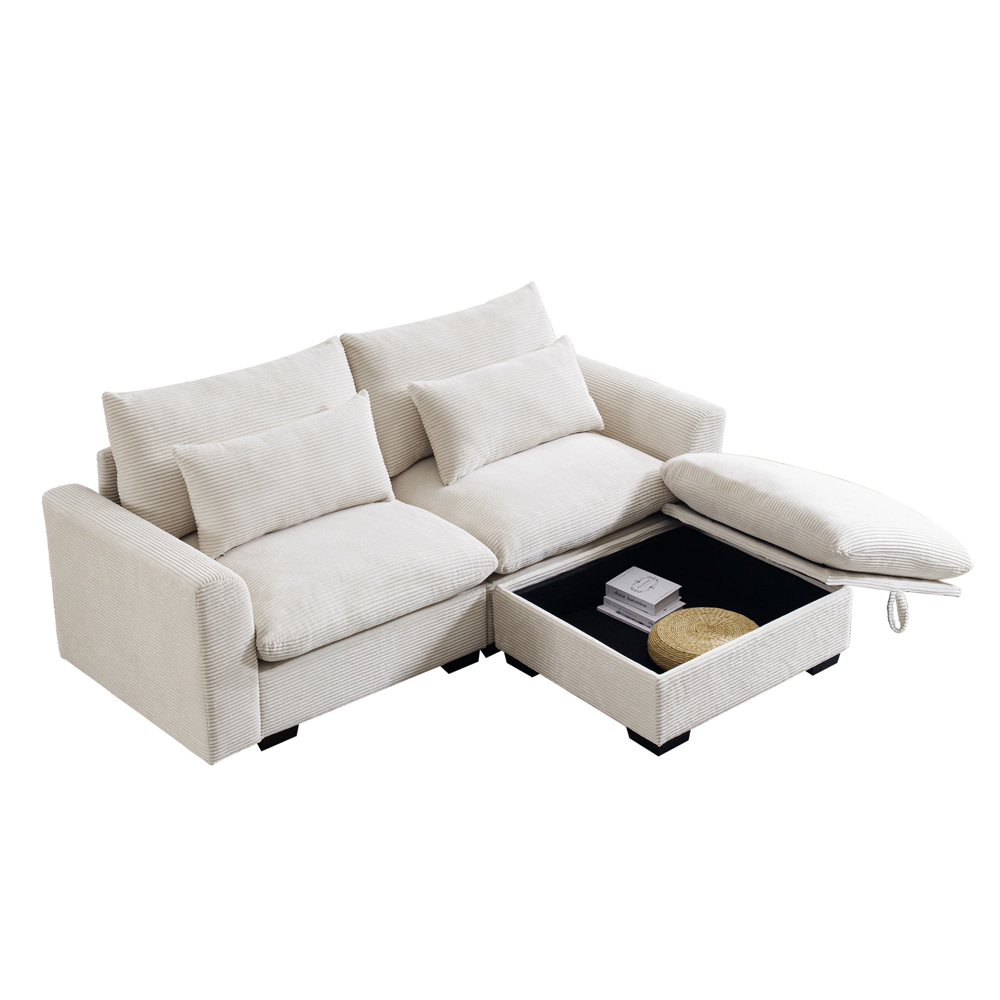 Cream corduroy sectional sofa with hidden storage compartment  Modern living room furniture