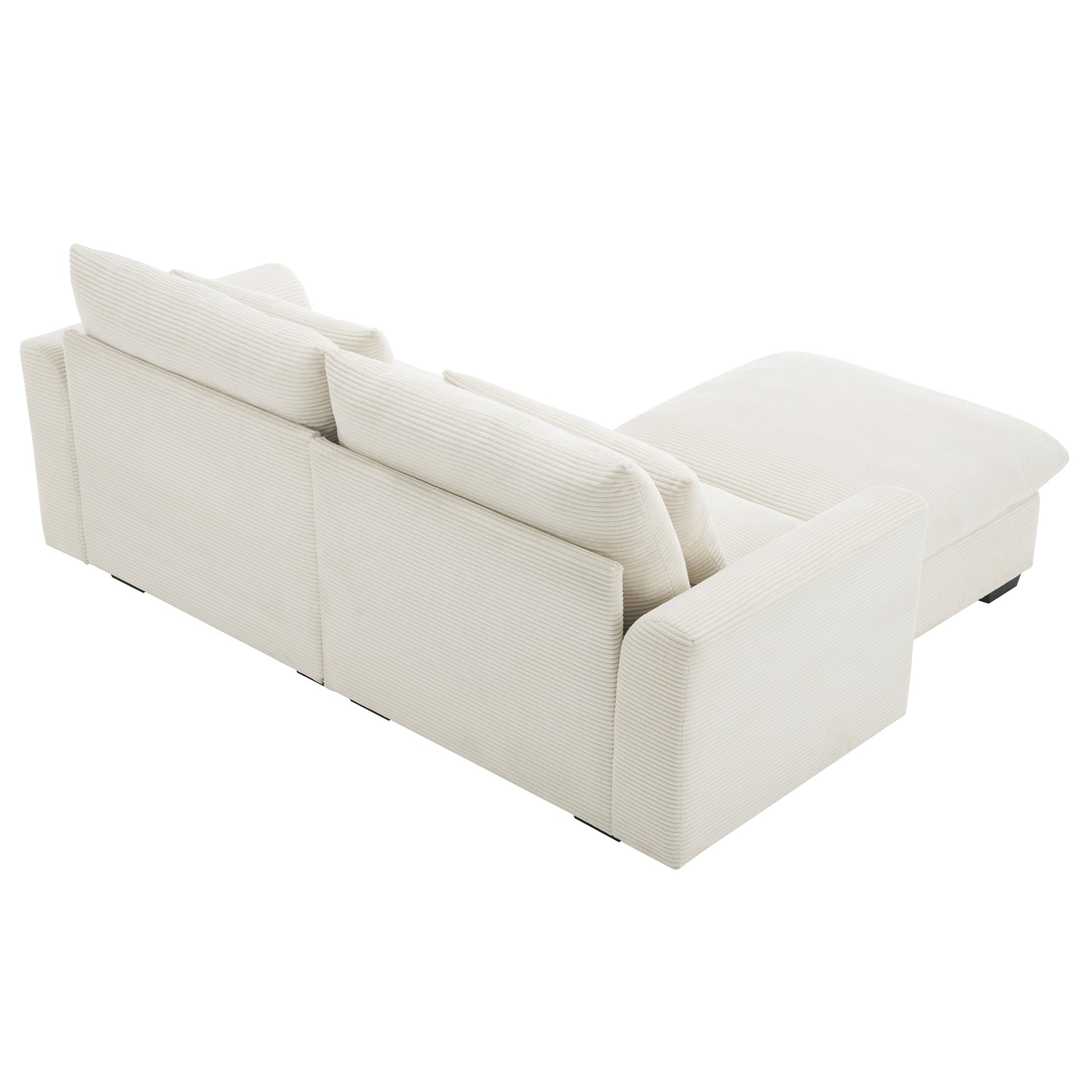 Cream corduroy sectional sofa with plush cushions and chaise lounge attachment