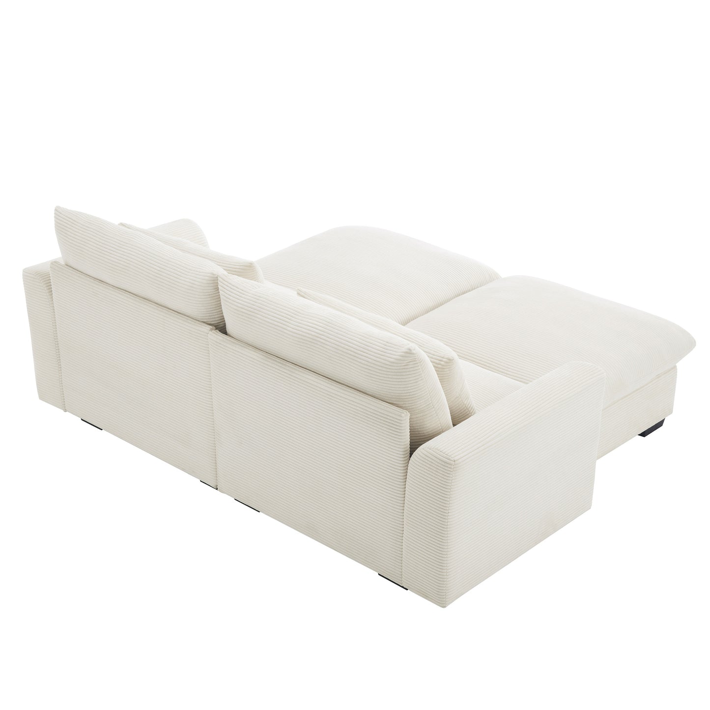 Cream corduroy sectional sofa with plush back cushions and chaise extension