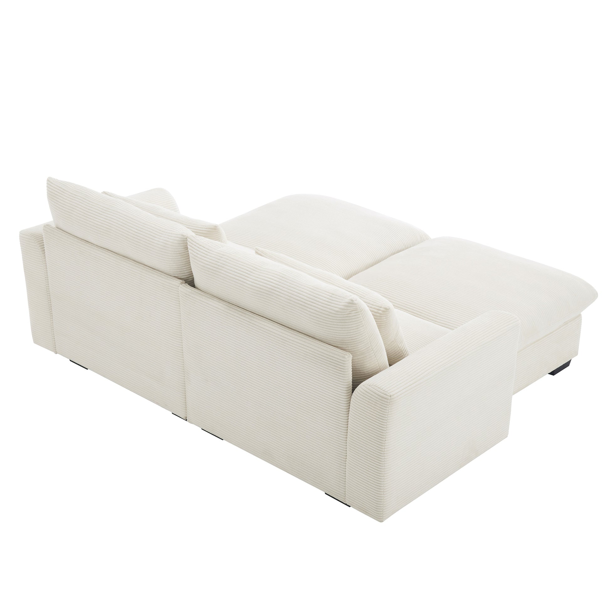Cream corduroy sectional sofa with plush back cushions and chaise extension