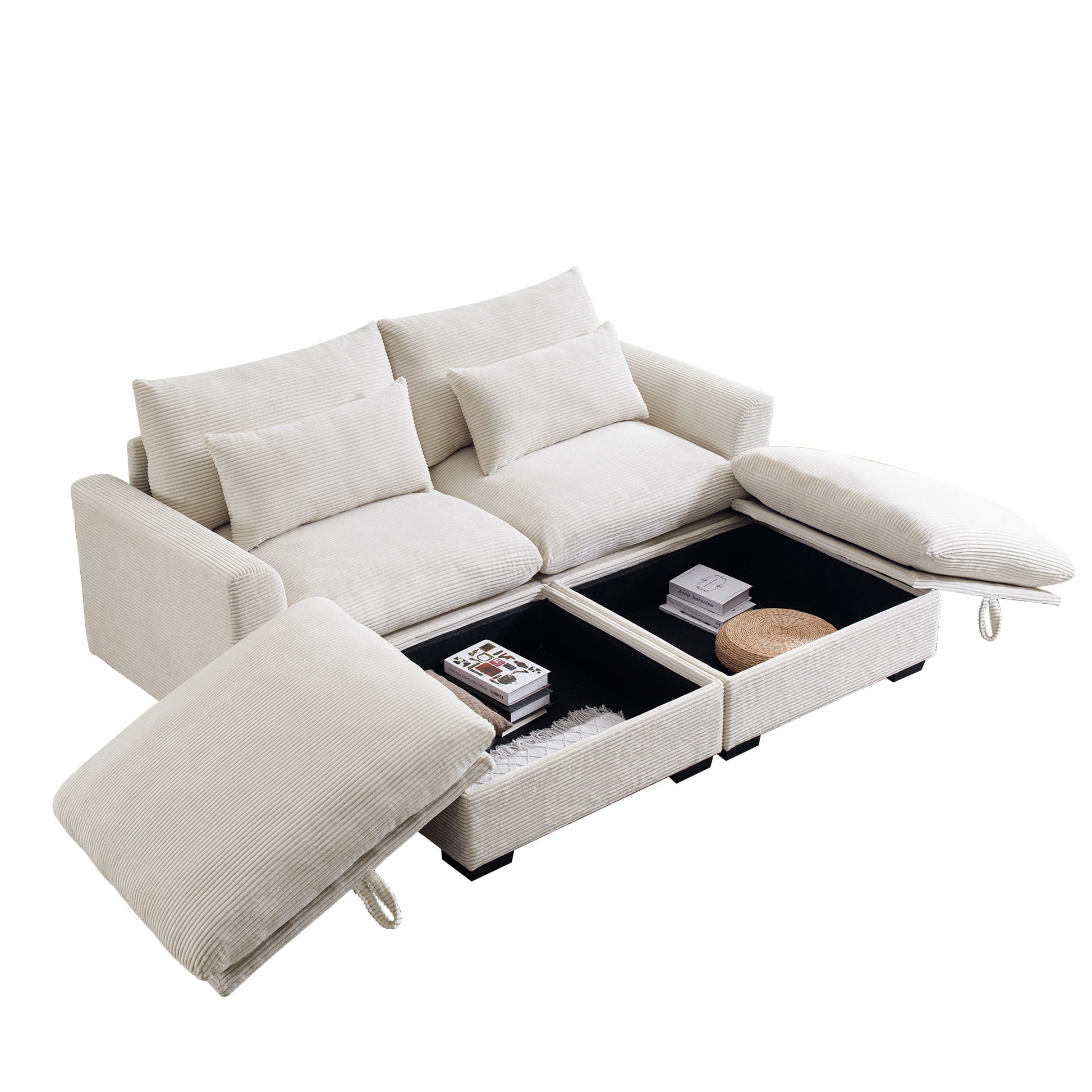 Cream corduroy sectional sofa with hidden storage compartments open for display