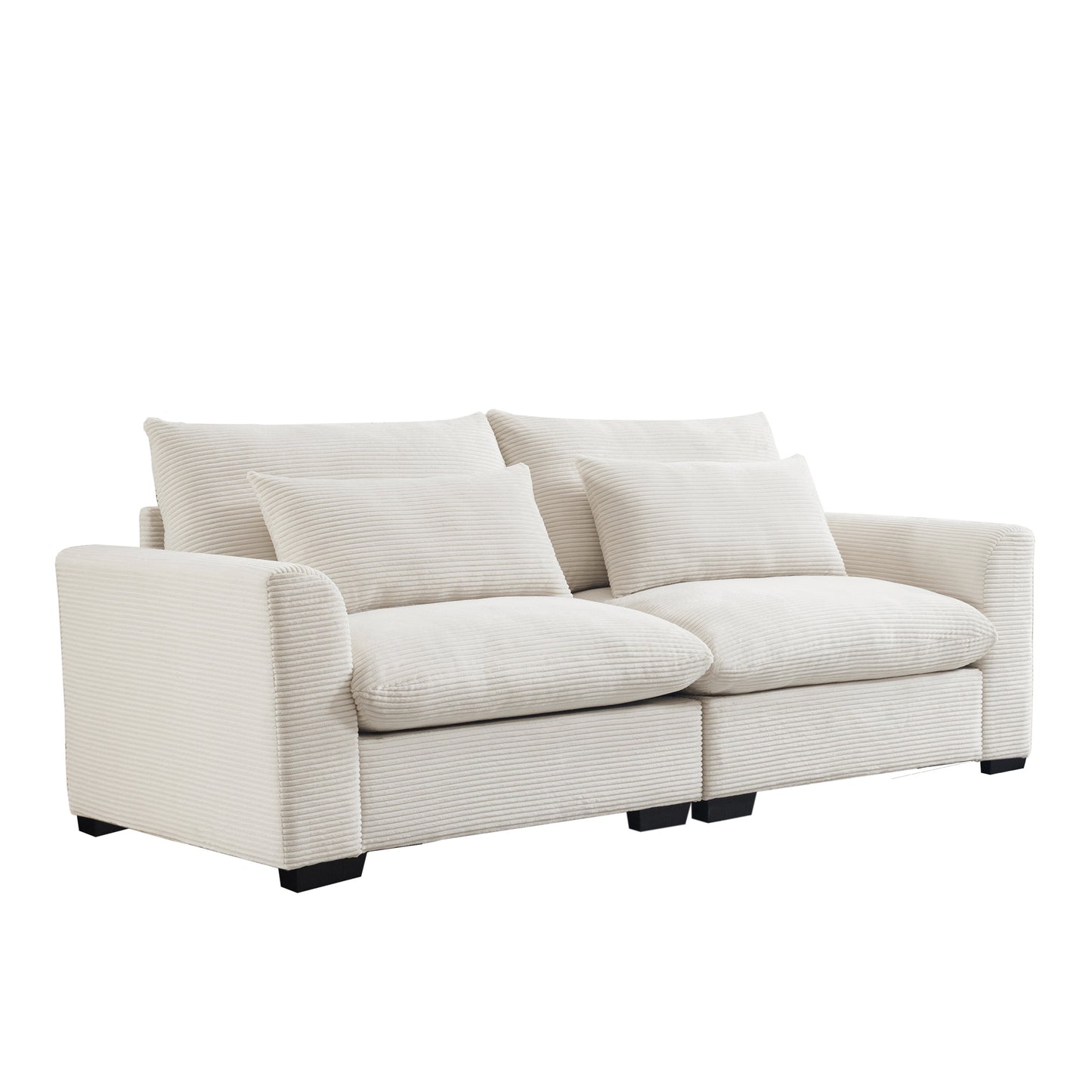 Cream corduroy twoseater sofa with plush cushions and modern black legs