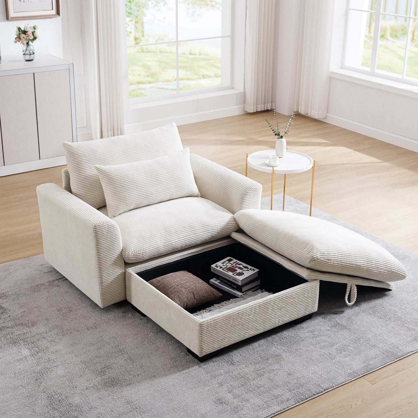 Cream corduroy armchair with storage compartment and open ottoman