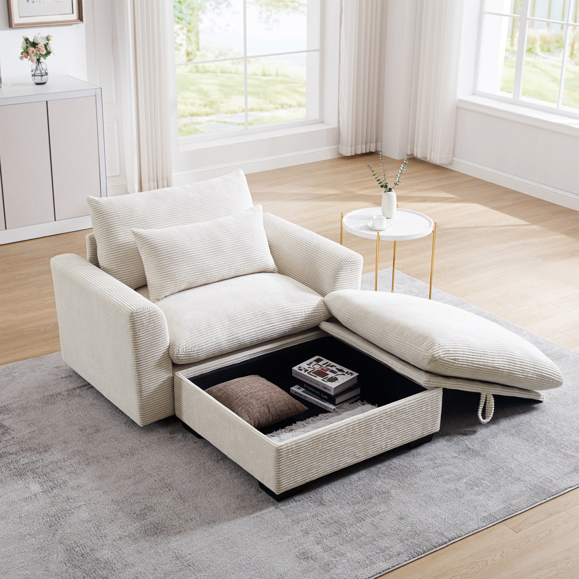 Cream corduroy armchair with storage compartment and open ottoman
