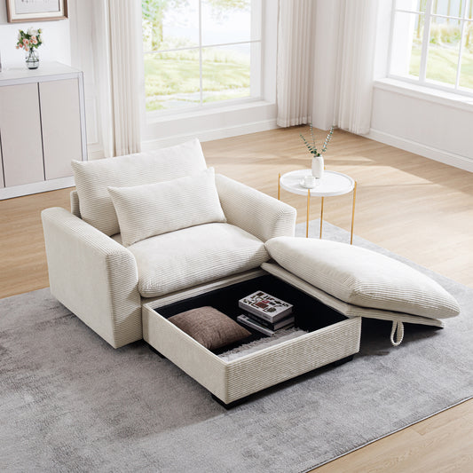 Cream corduroy armchair with storage compartment and open ottoman
