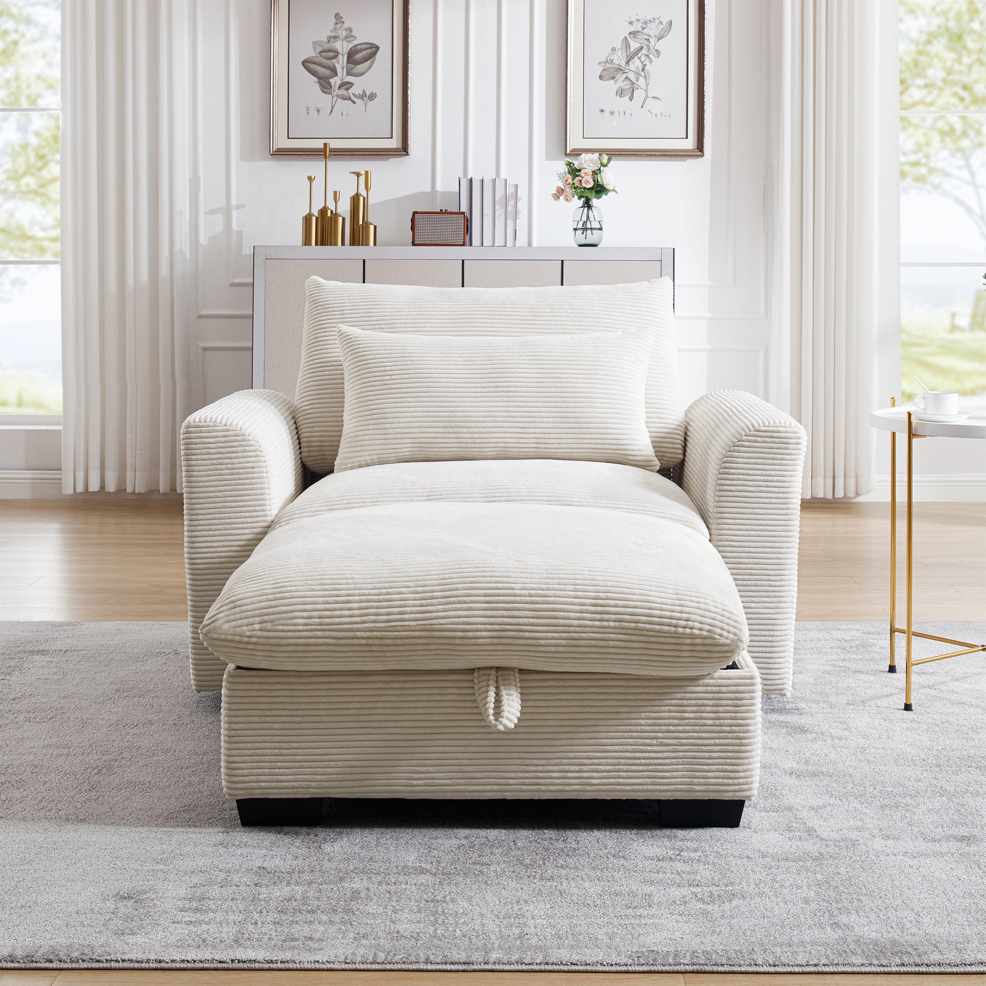 Cream corduroy convertible sofa bed with pullout ottoman for modern living rooms