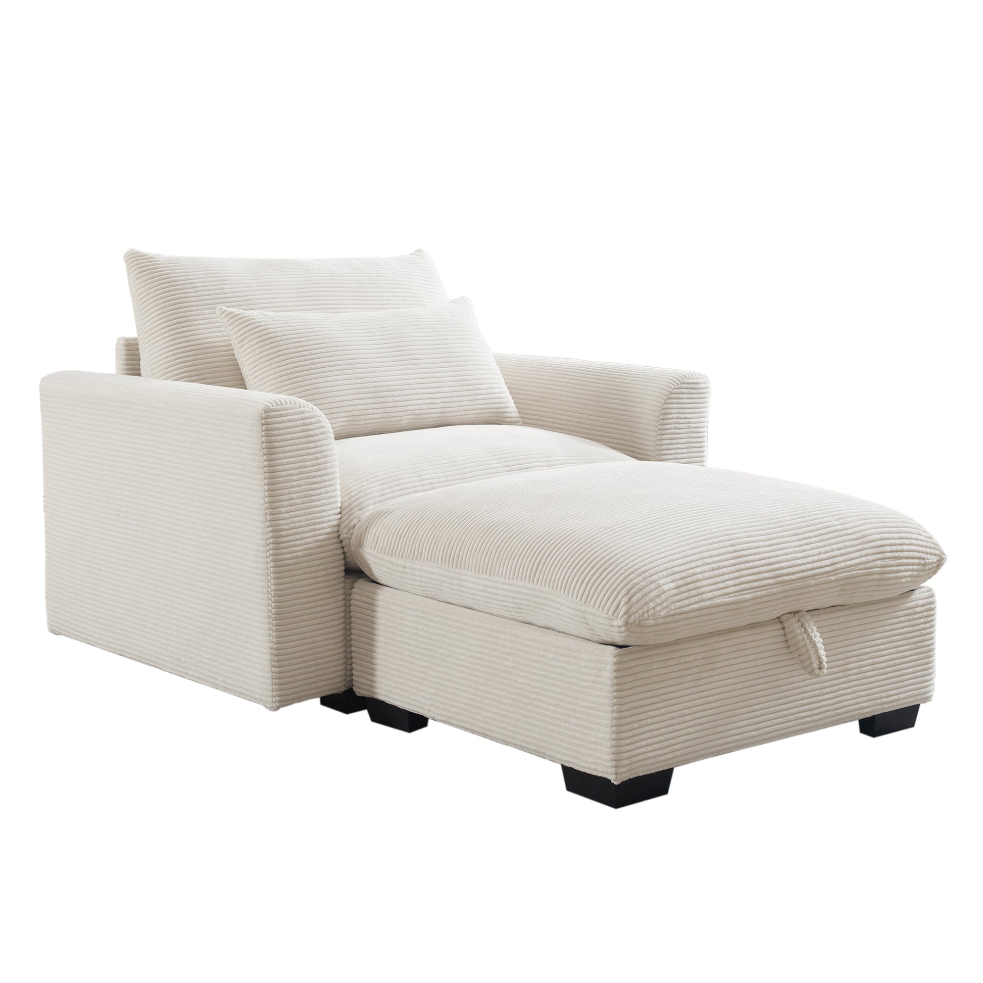Cream corduroy chaise lounge with plush cushions and hidden storage