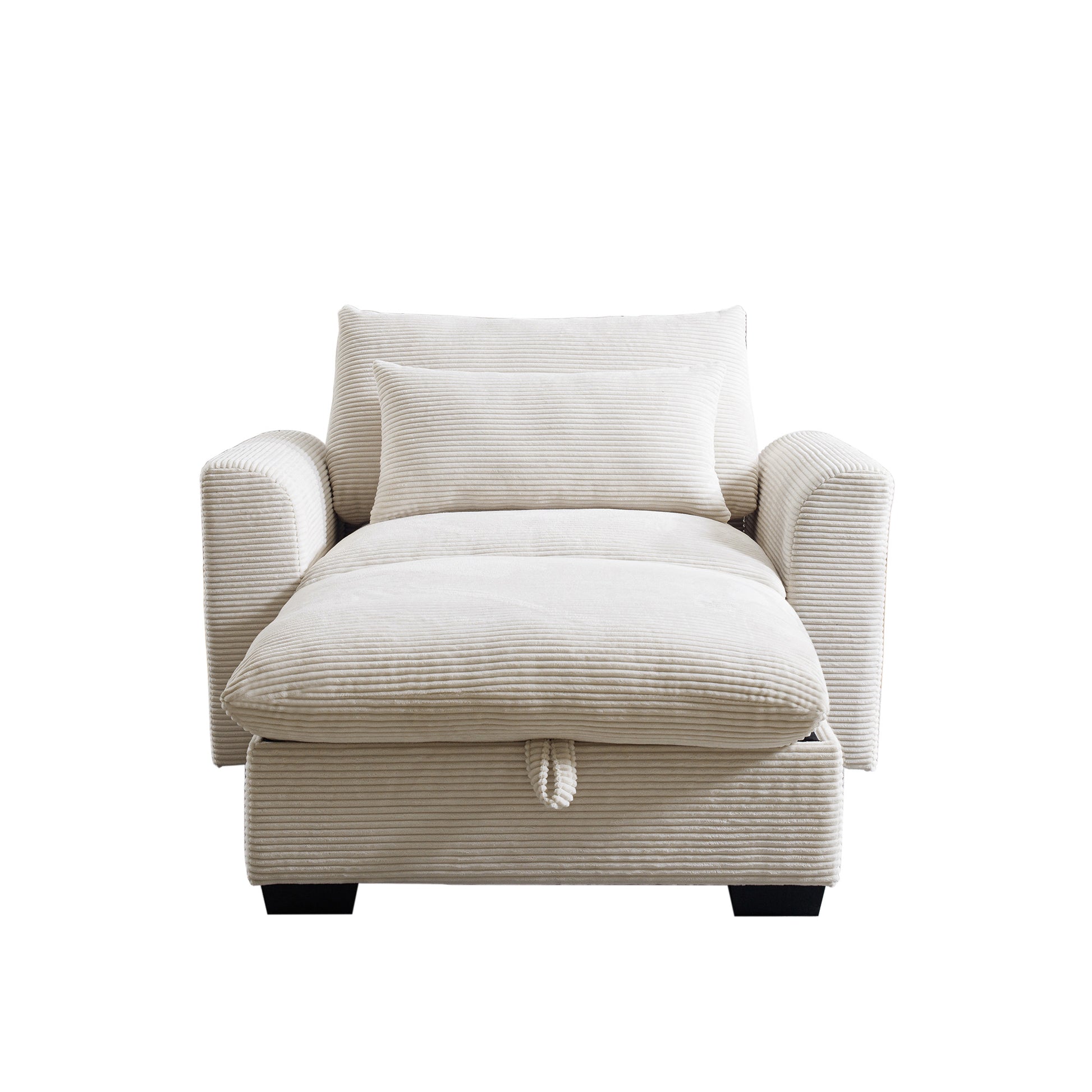 Cozy cream corduroy chaise lounge chair with pullout bed feature