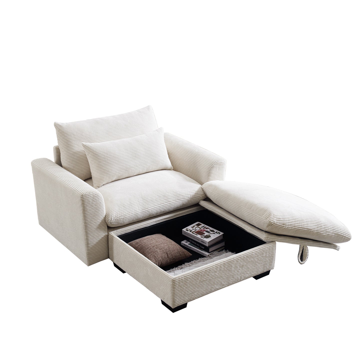 Cream corduroy armchair with hidden storage compartment open showing books and cushion