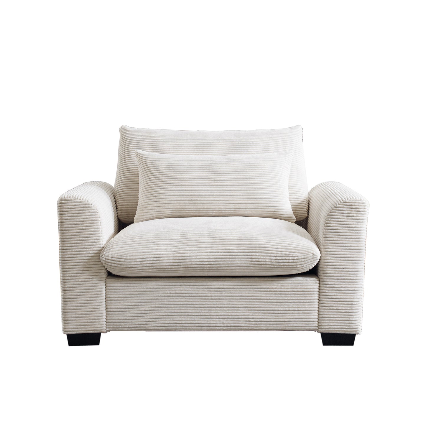 Cream corduroy armchair with plush cushions and low profile perfect for modern living rooms