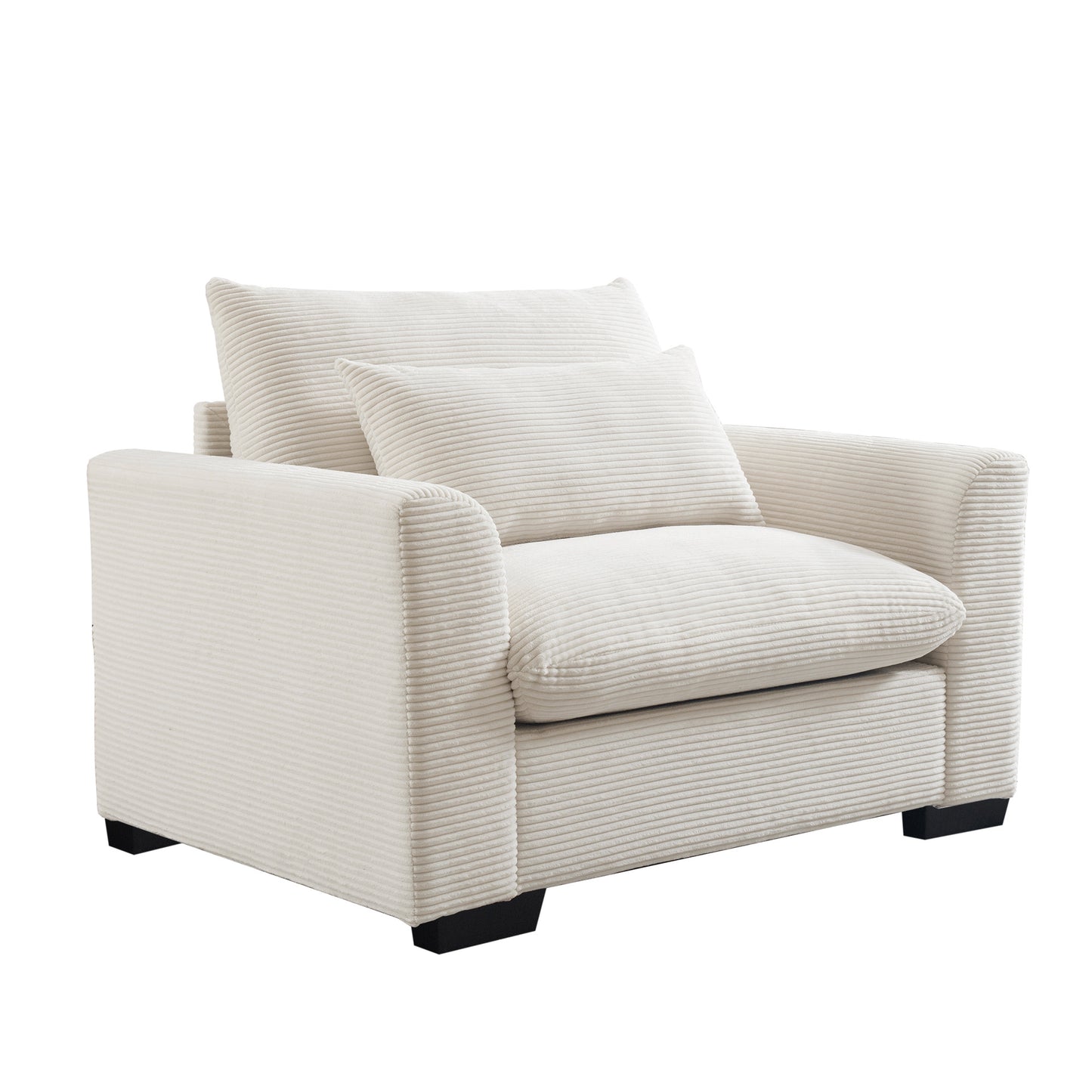Cream corduroy accent chair with plush cushions and dark wood legs perfect for a cozy living room
