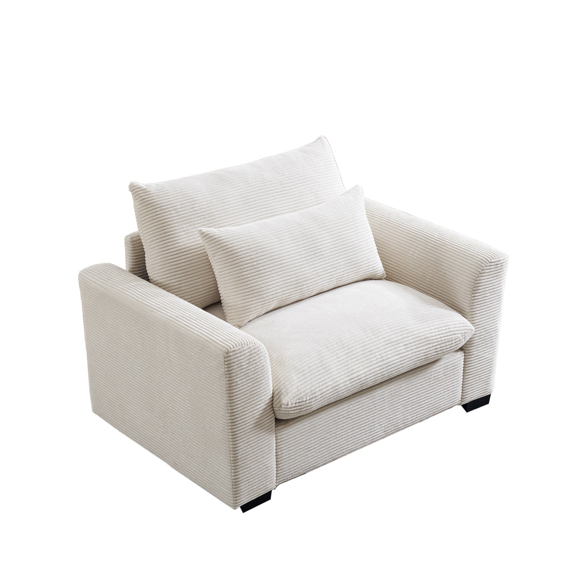 Cream corduroy accent chair with plush cushions and modern block feet