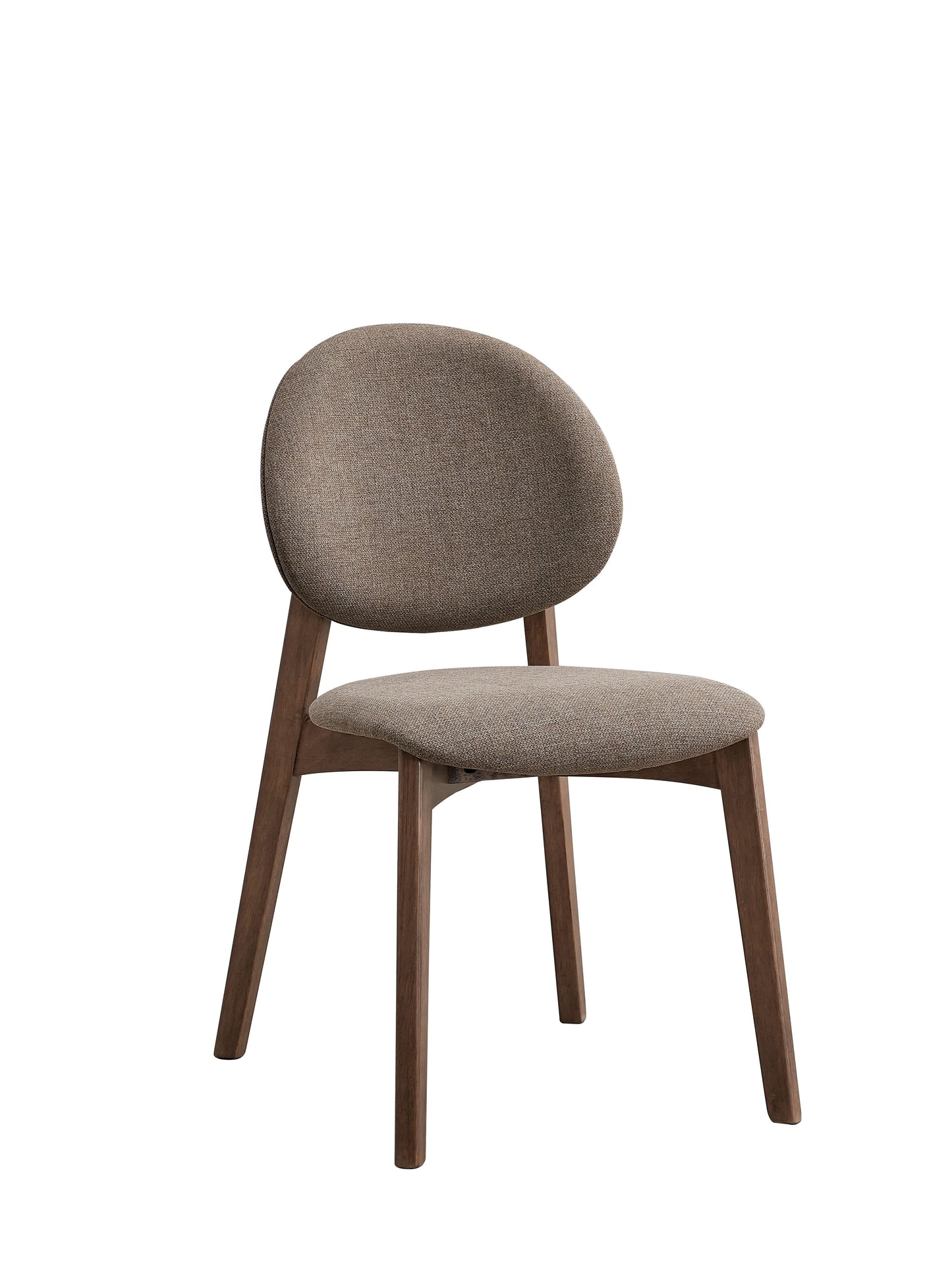 Brown fabric accent chair with curved back and dark wood legs