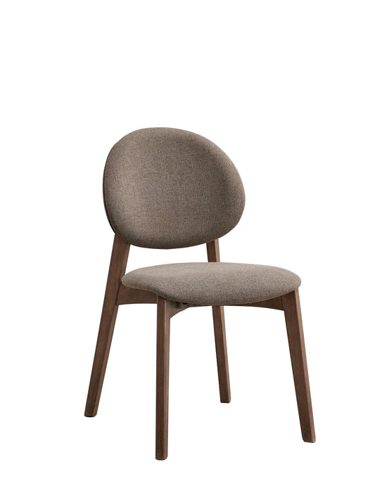 Brown fabric accent chair with curved back and dark wood legs