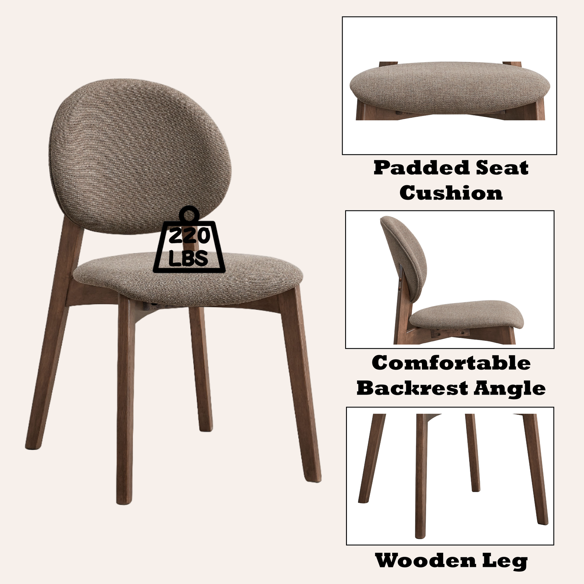 Brown fabric upholstered dining chair with wooden legs and padded seat