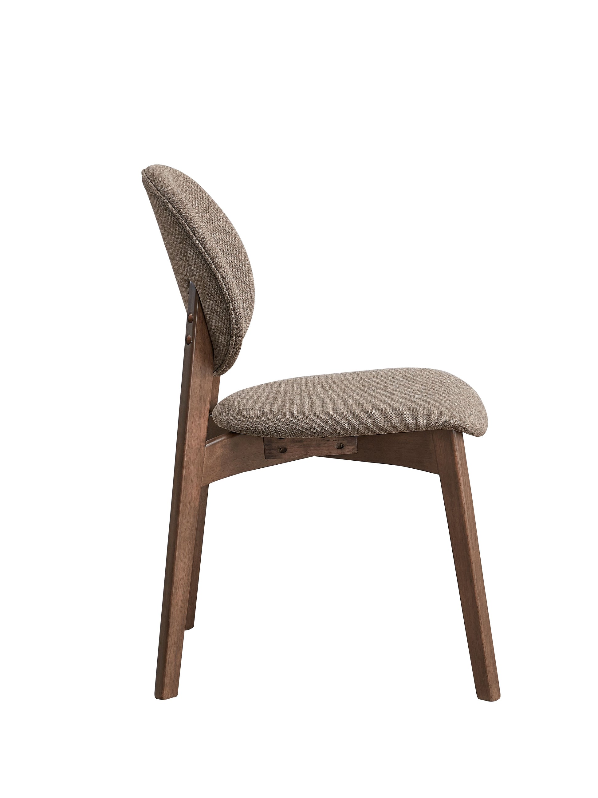 Modern upholstered dining chair with curved back and natural wood frame