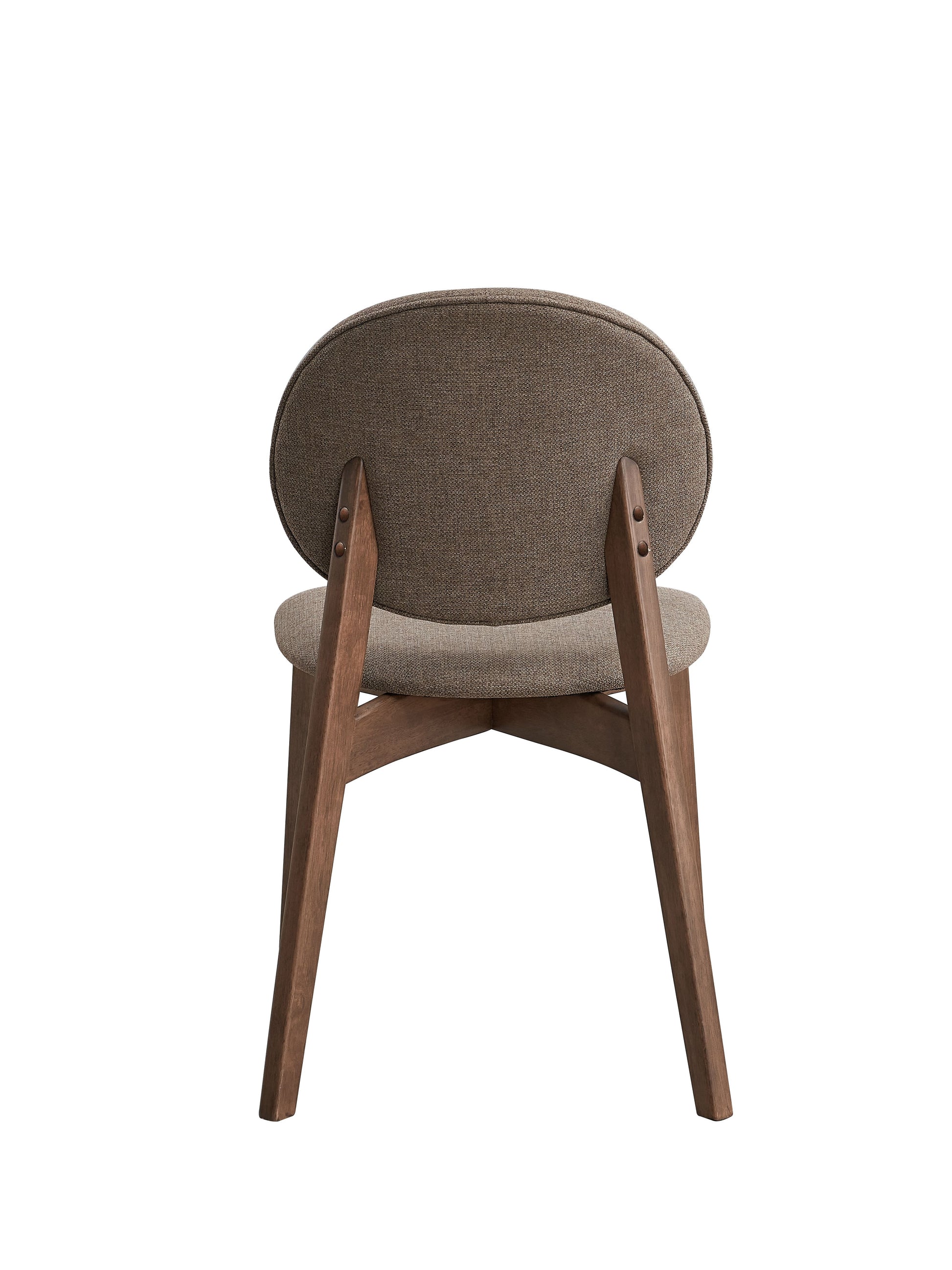 Back view of a woven fabric accent chair with wooden legs