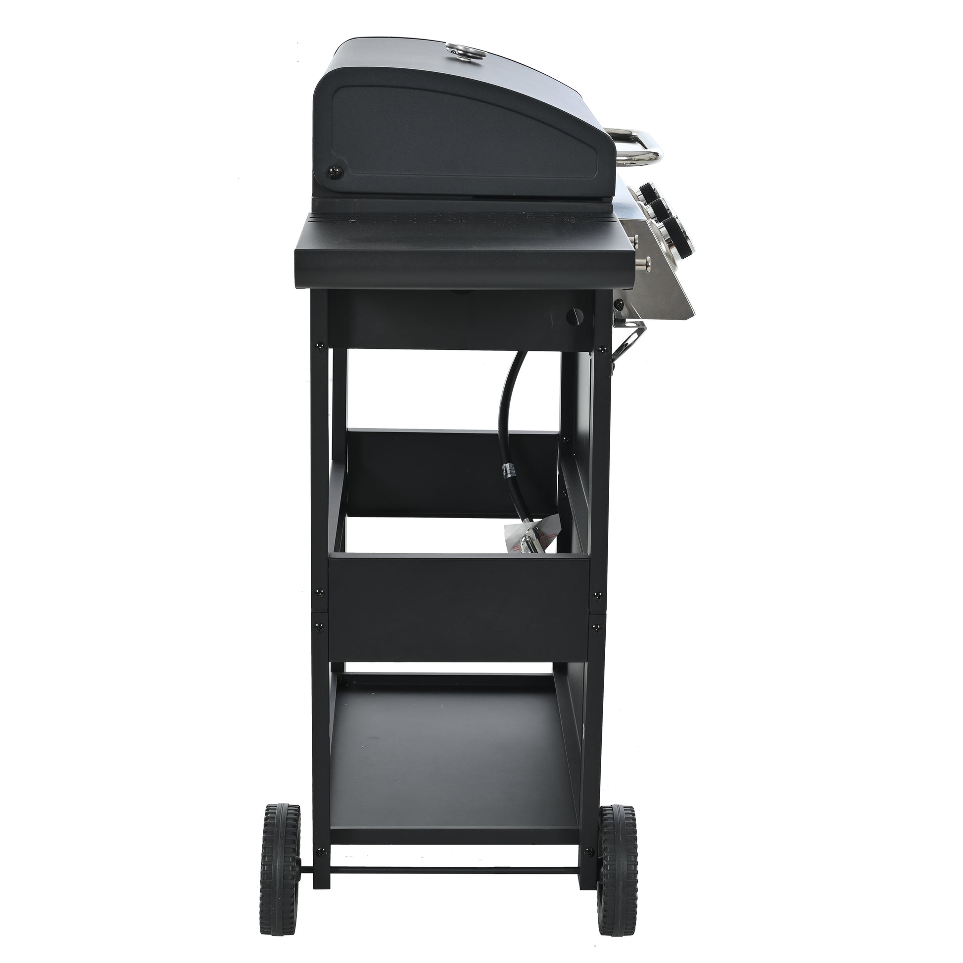 Black portable gas grill with side table and wheels