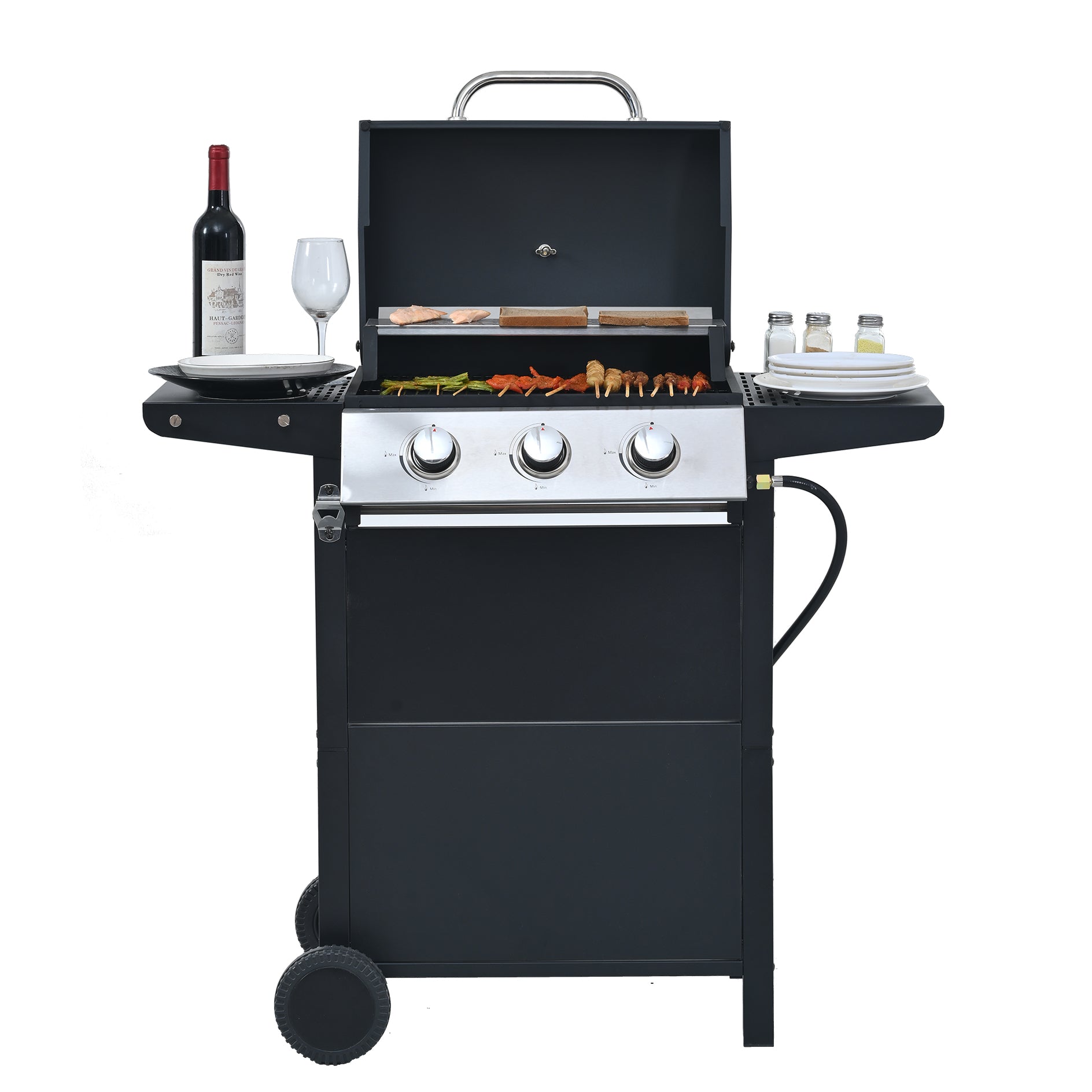 Black propane grill with three burners cooking skewers and vegetables