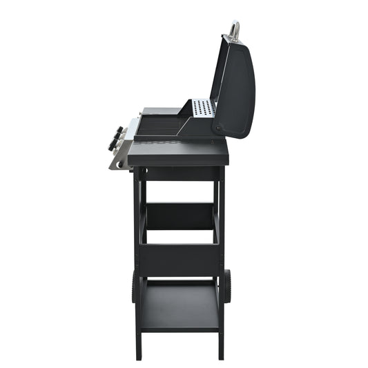 Black stainless steel gas grill with three burners and warming rack