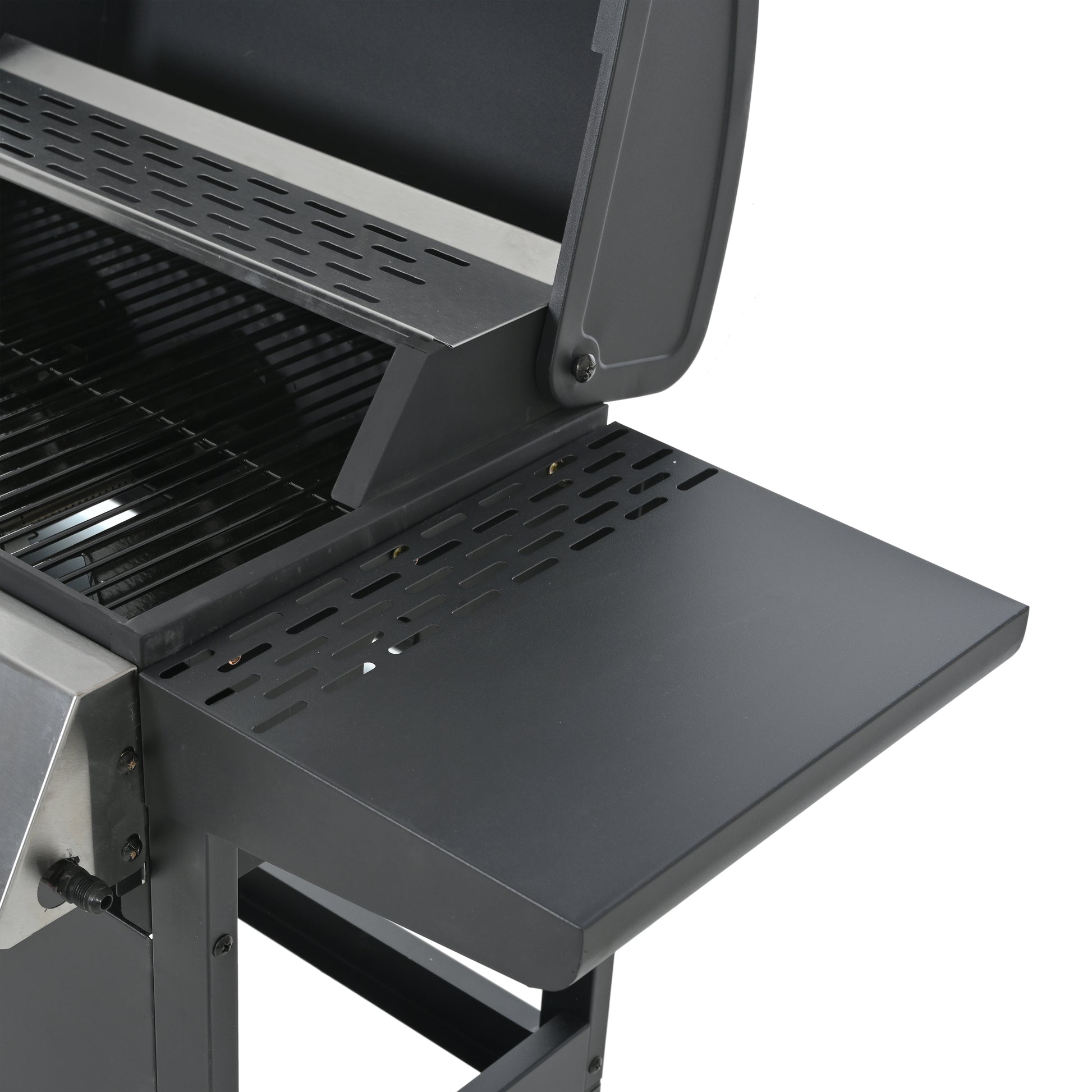 Black gas grill with stainless steel accents and a foldout side prep table