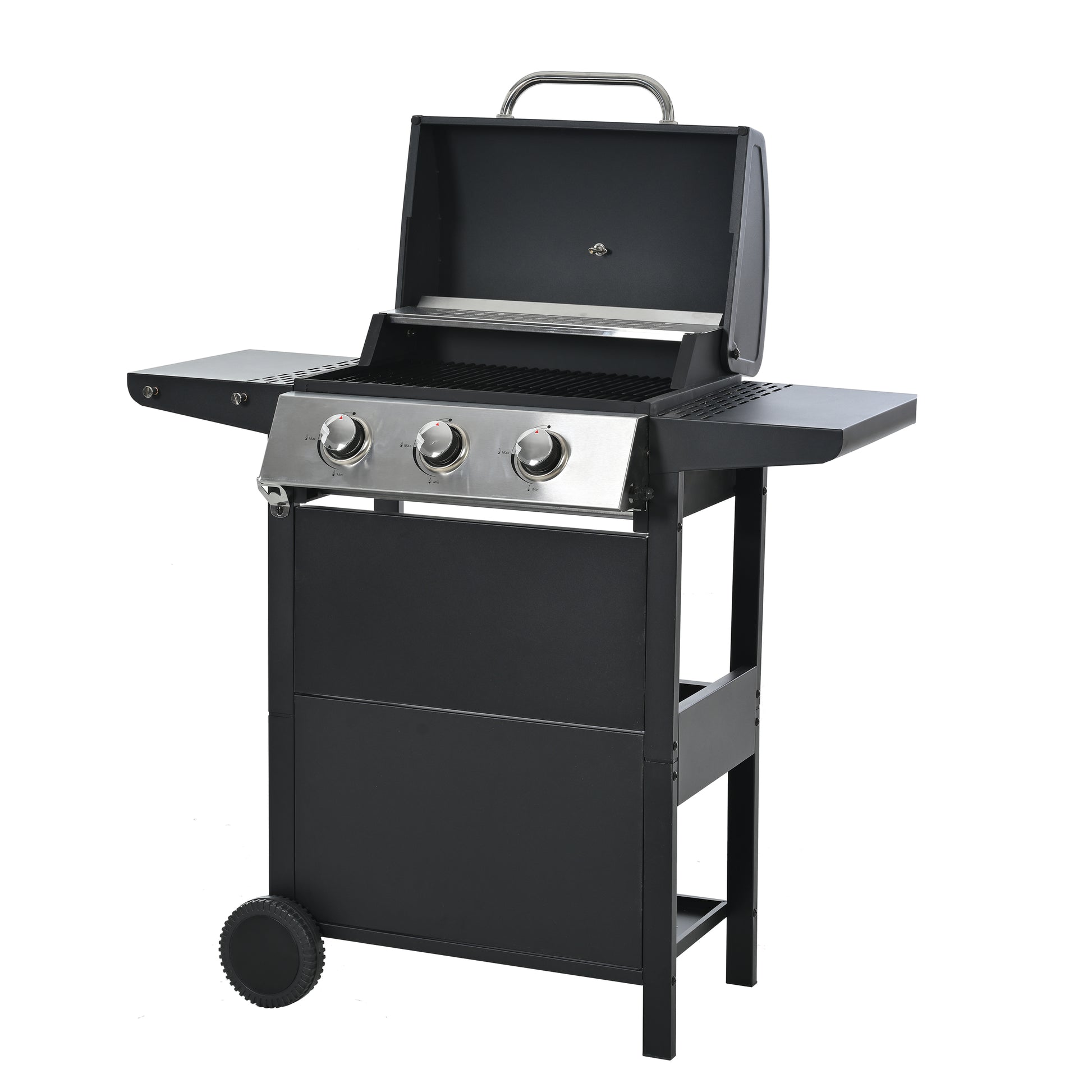 Black burner propane gas grill with stainless steel control panel ideal for backyard cooking