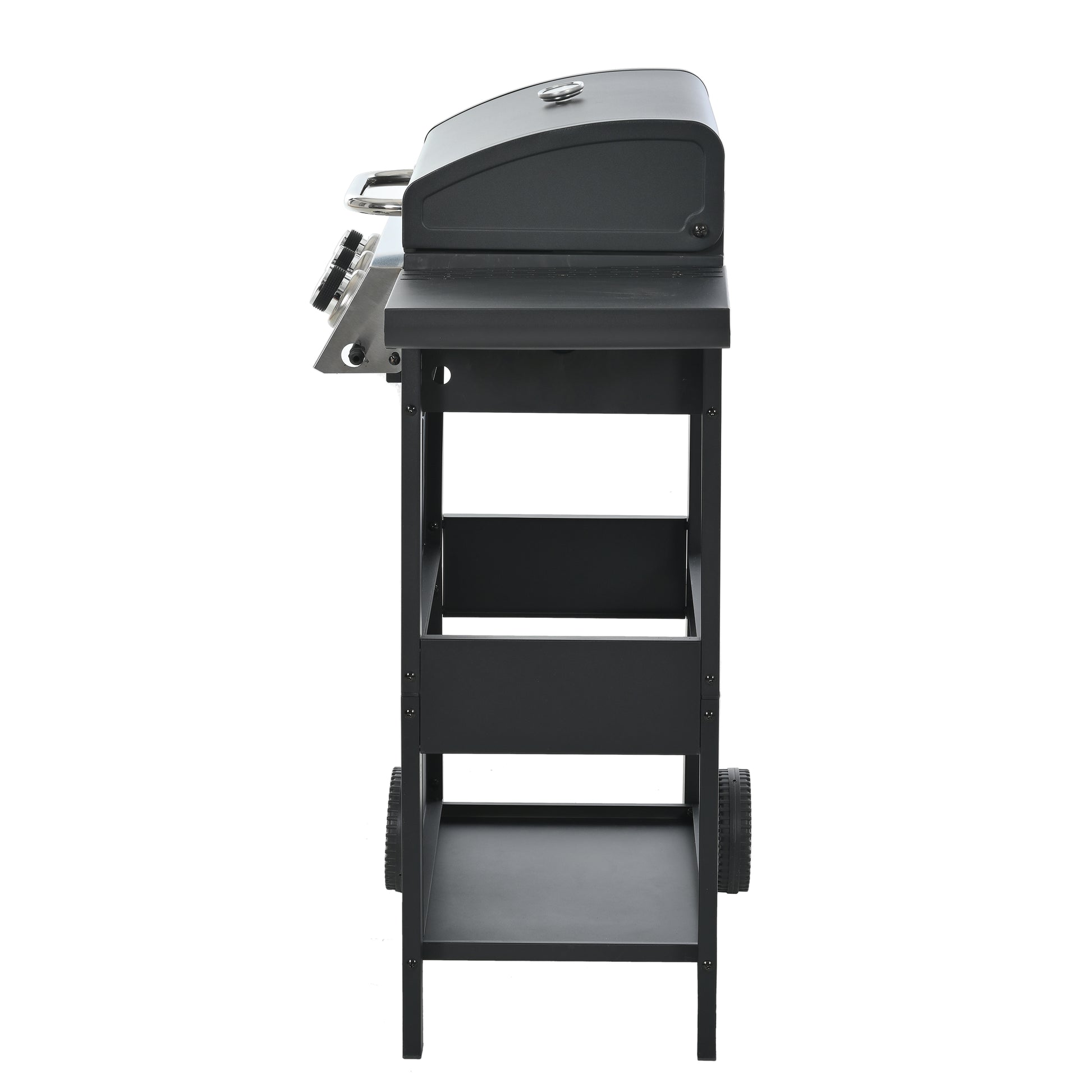 Black gas grill with side shelf and two wheels perfect for outdoor cooking