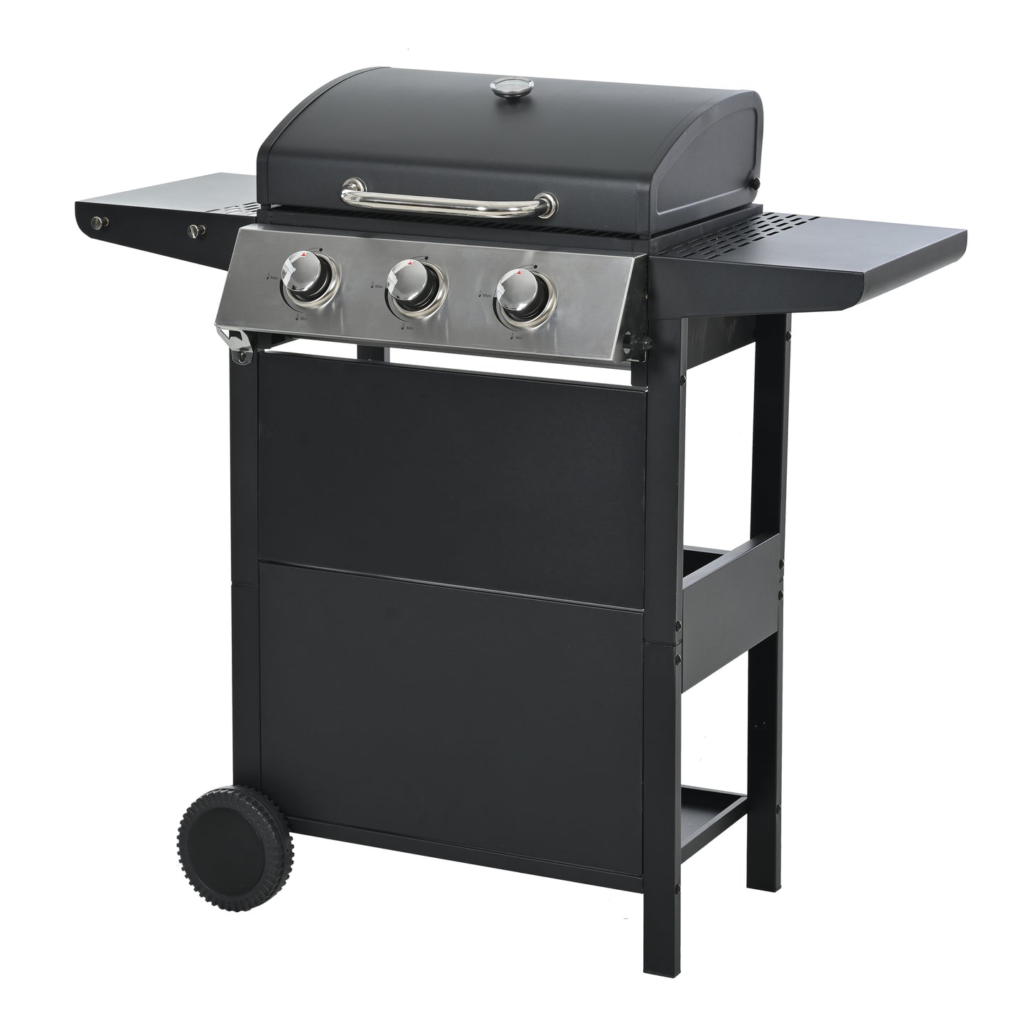 Black threeburner gas grill with stainless steel accents and integrated side shelves for outdoor cooking