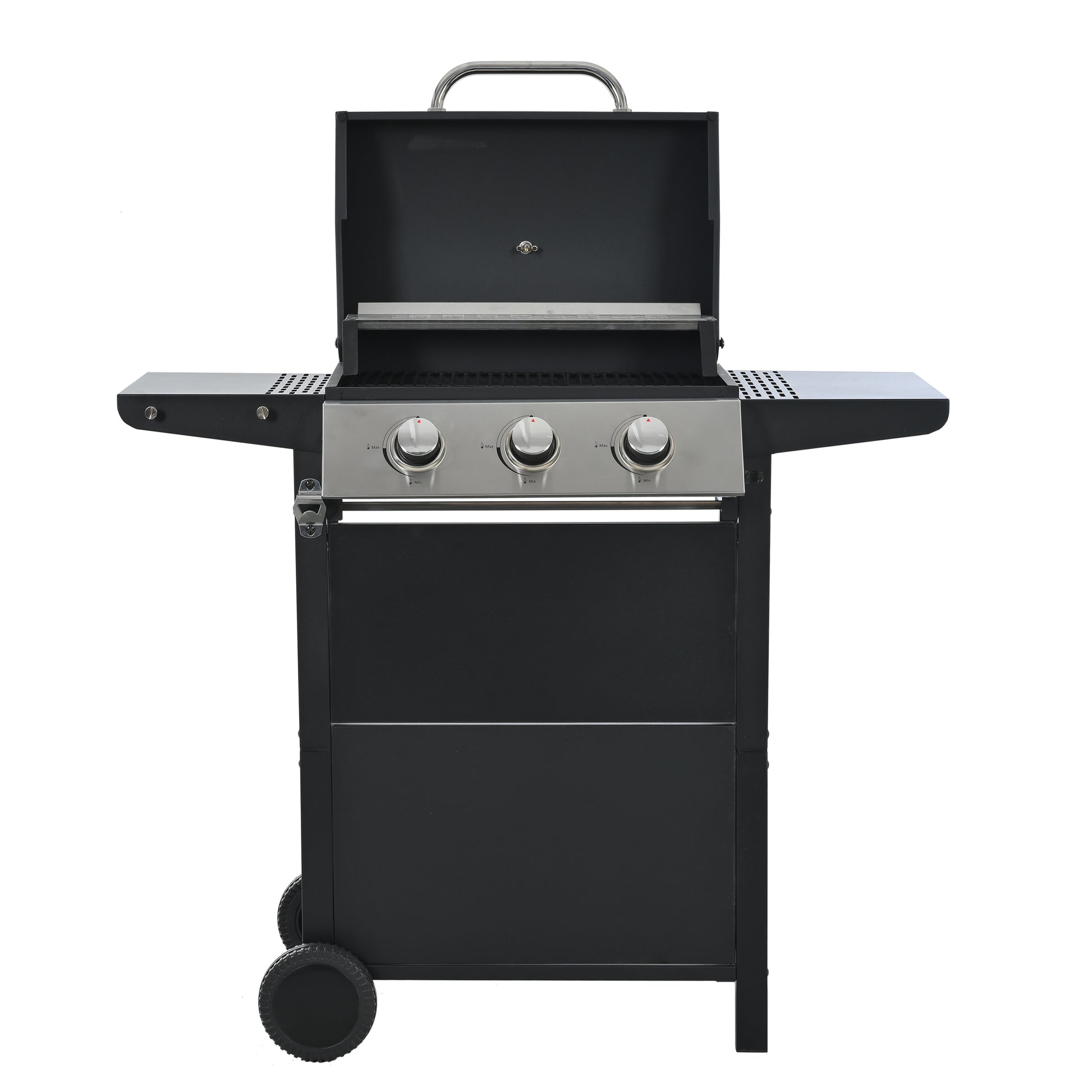 Black threeburner gas grill with stainless steel control knobs and side shelves for outdoor cooking