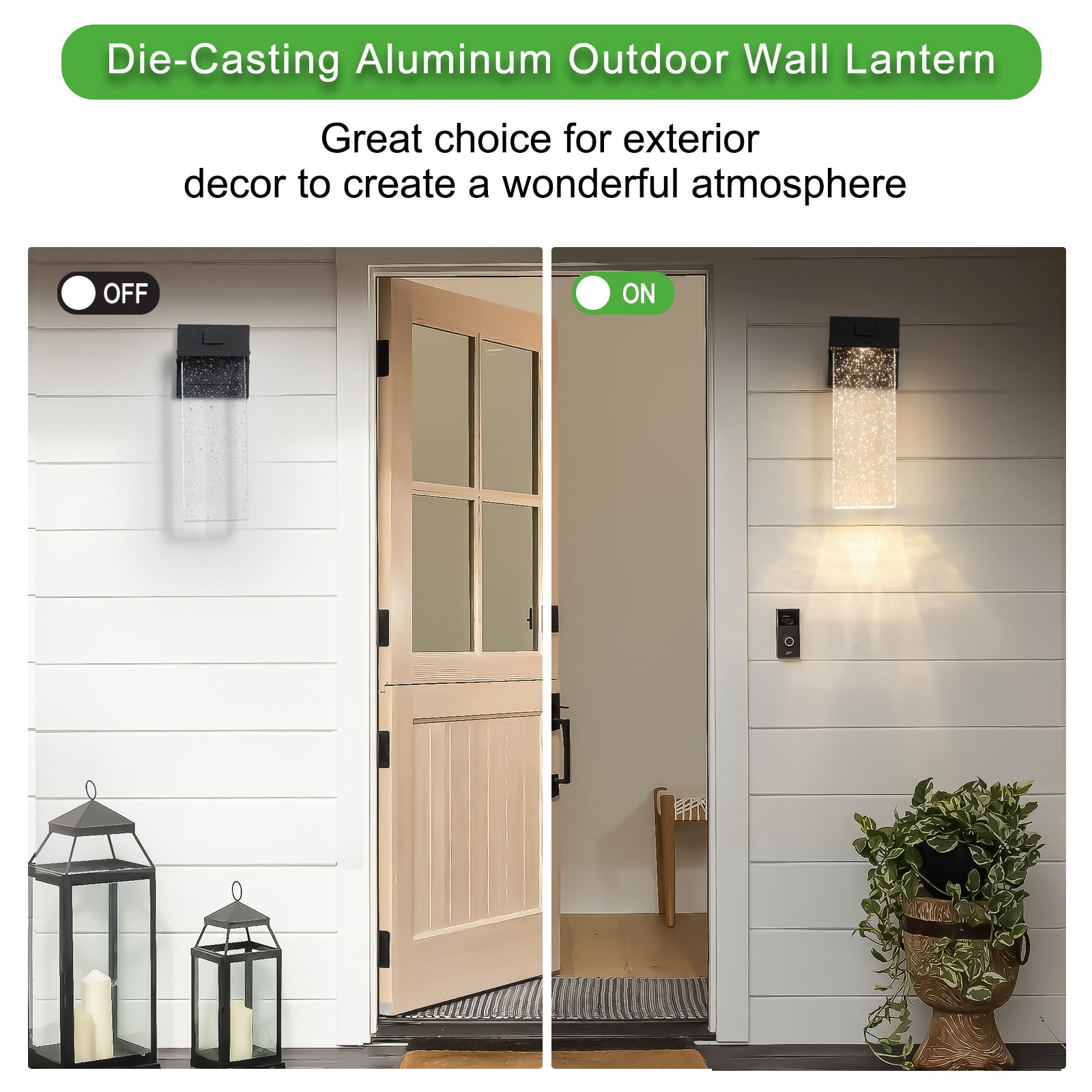 Modern black outdoor wall lantern with clear seeded glass and warm light