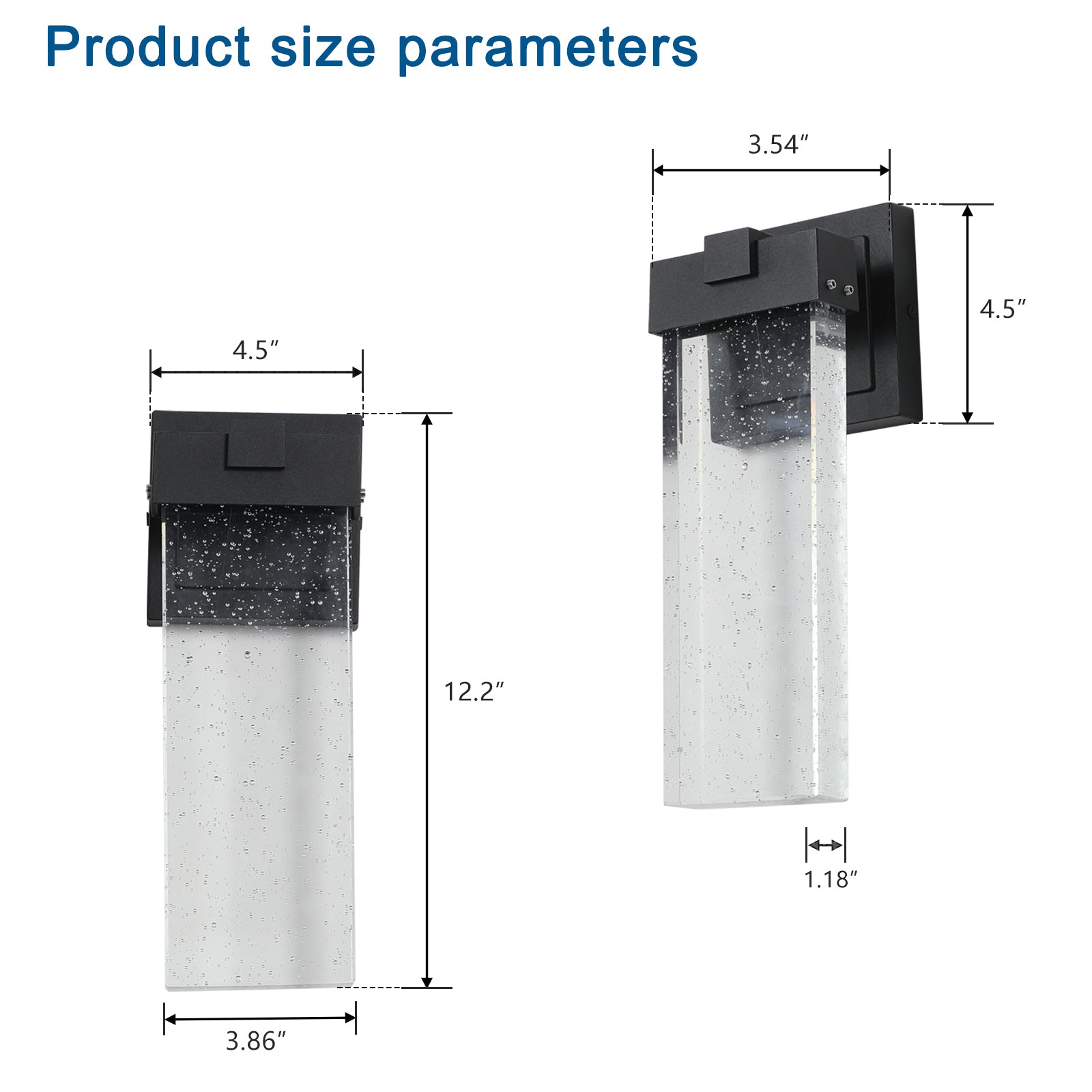 Modern black outdoor sconce with clear seeded glass  height