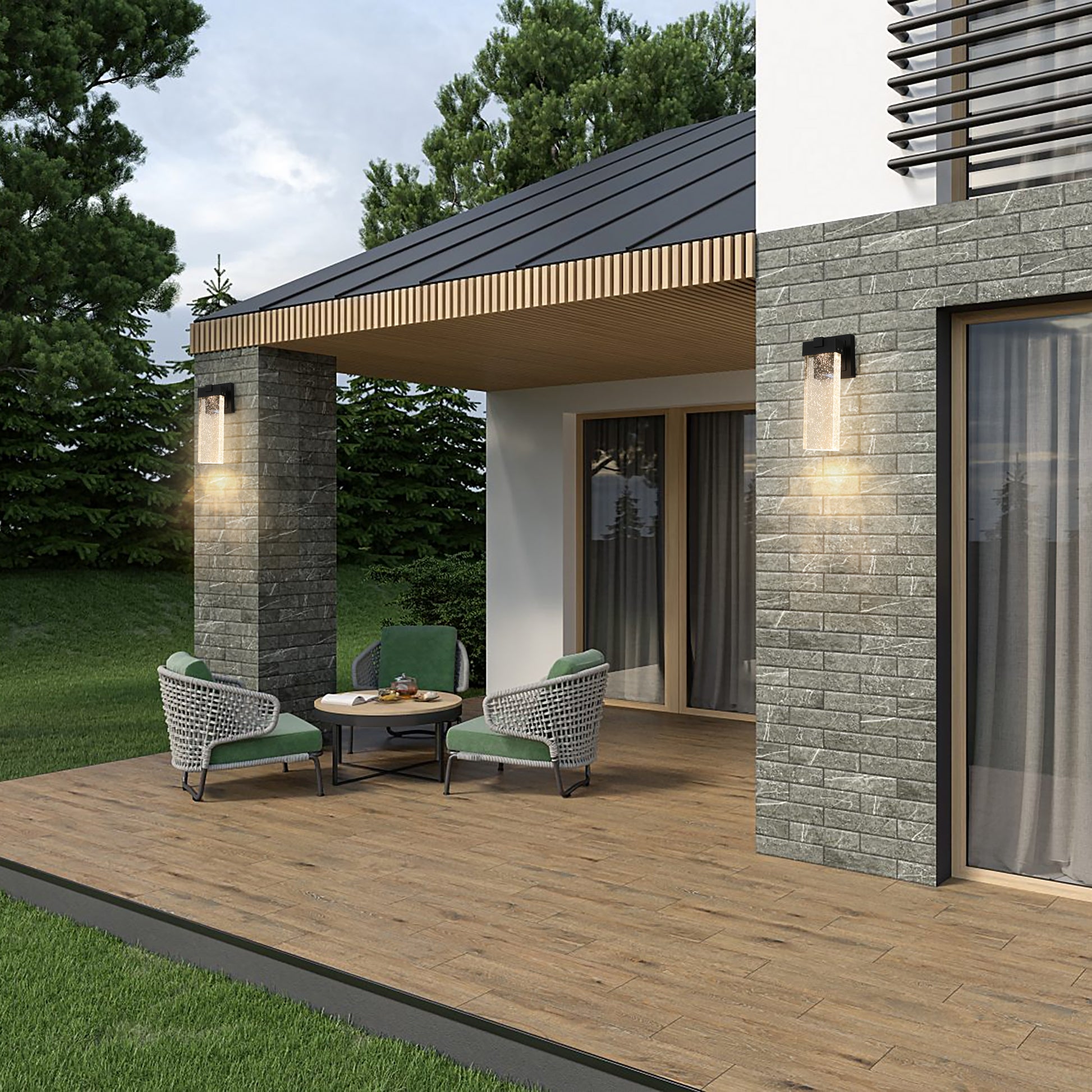 Modern patio furniture set with two woven chairs and a coffee table