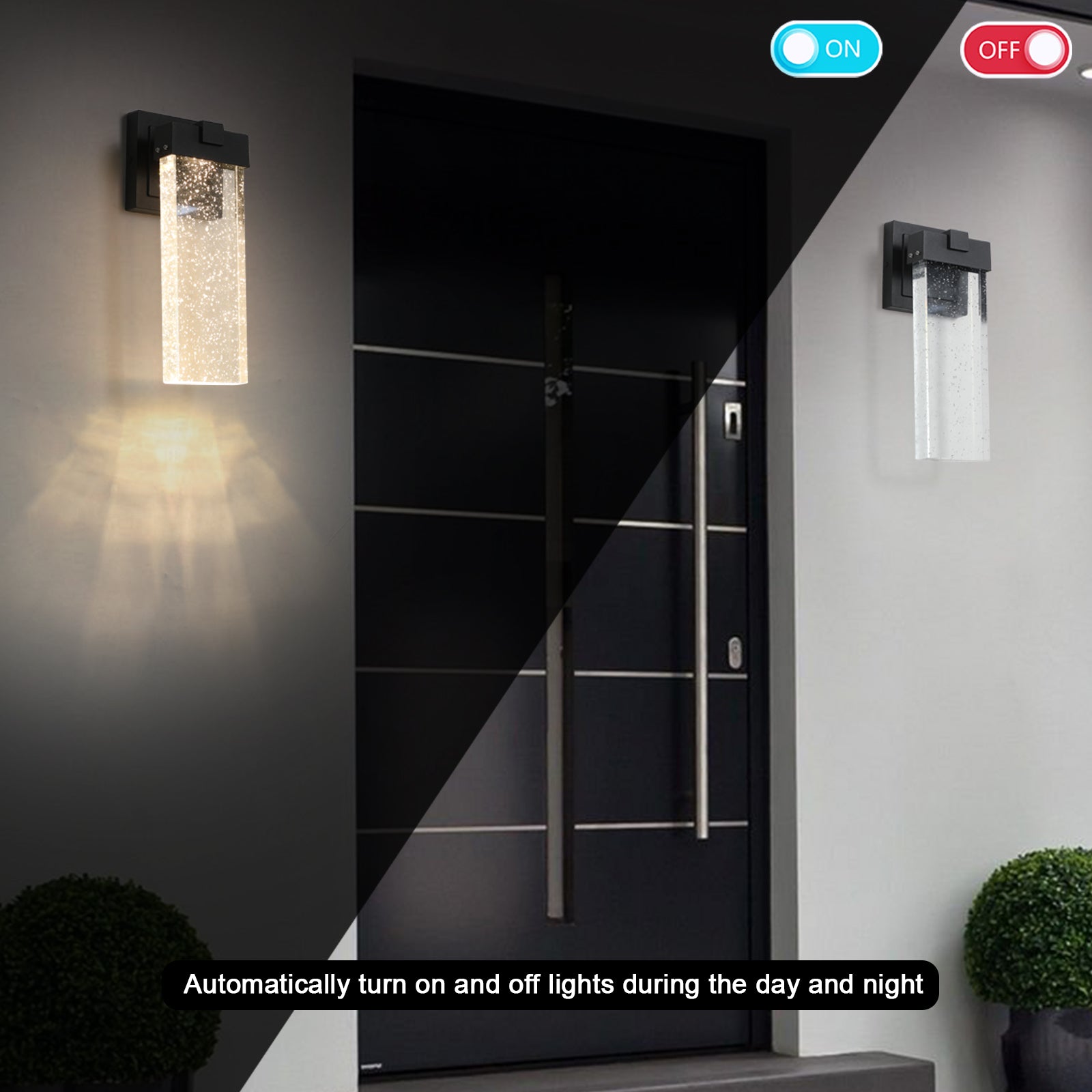 Modern outdoor wall light with clear glass cylinder and bubble effect