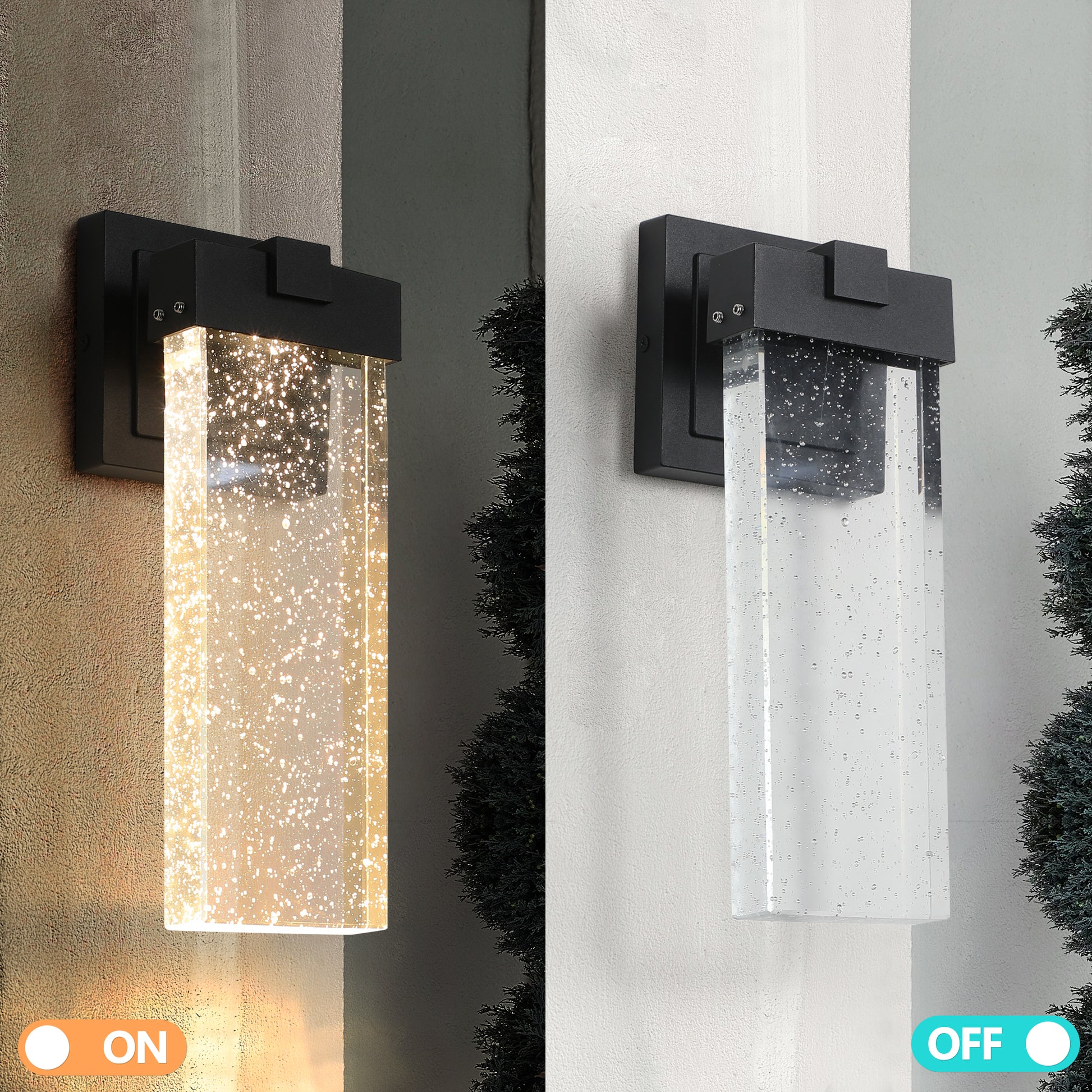 Modern black outdoor wall light with clear seeded glass cylinder illuminated
