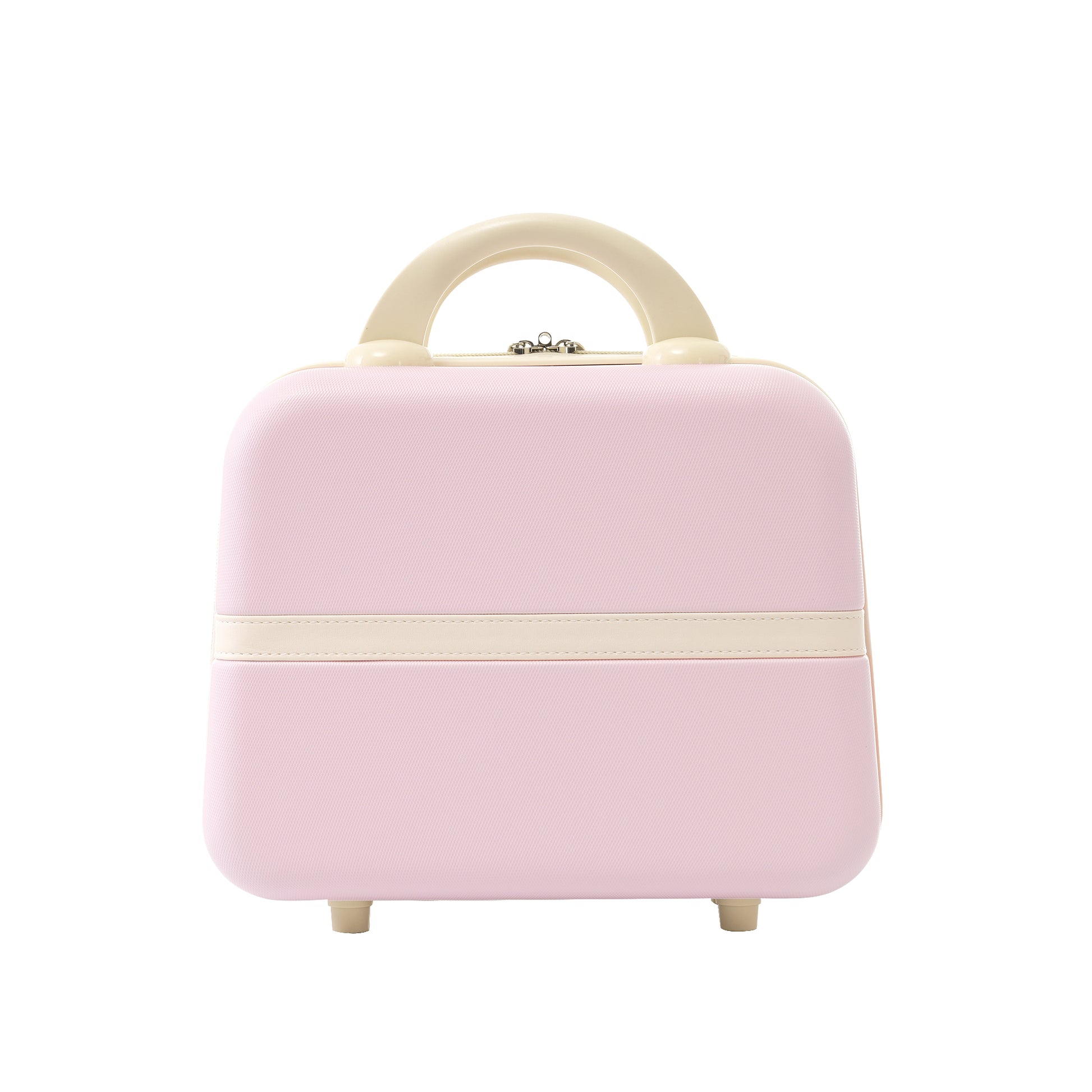 Chic pink vanity case with beige trim and handle ideal for travel makeup storage