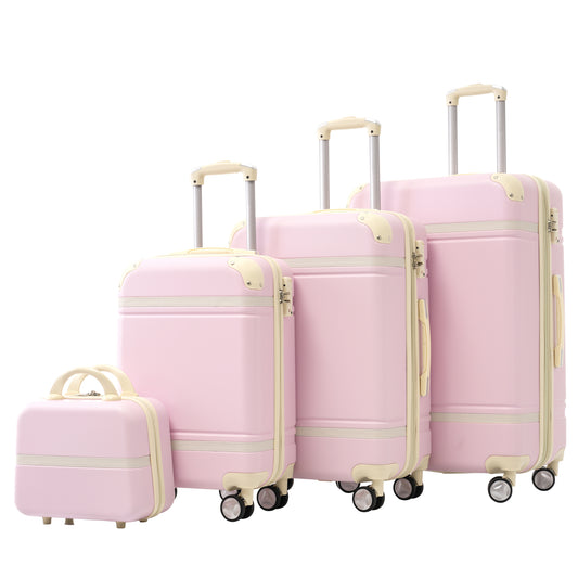 Set of four pastel pink hardshell suitcases with beige accents and retractable handles