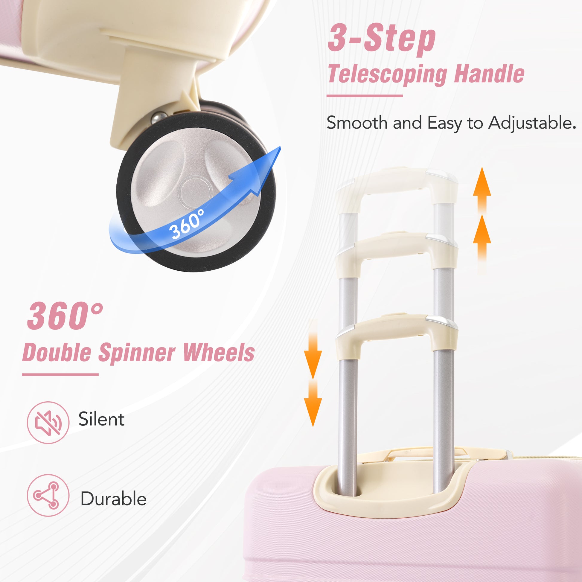 Pink suitcase with  degree double spinner wheels for easy mobility