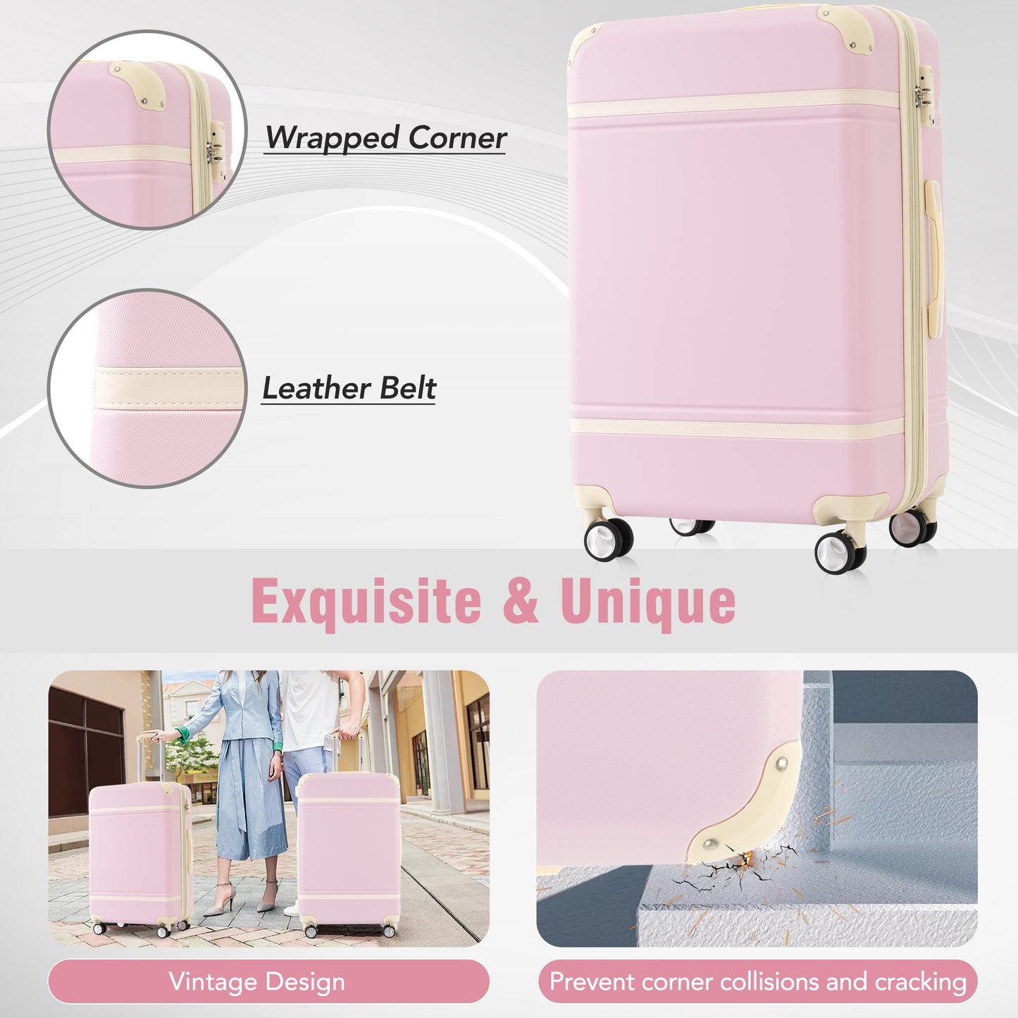 Pink suitcase with cream trim and wrapped corners perfect for travel