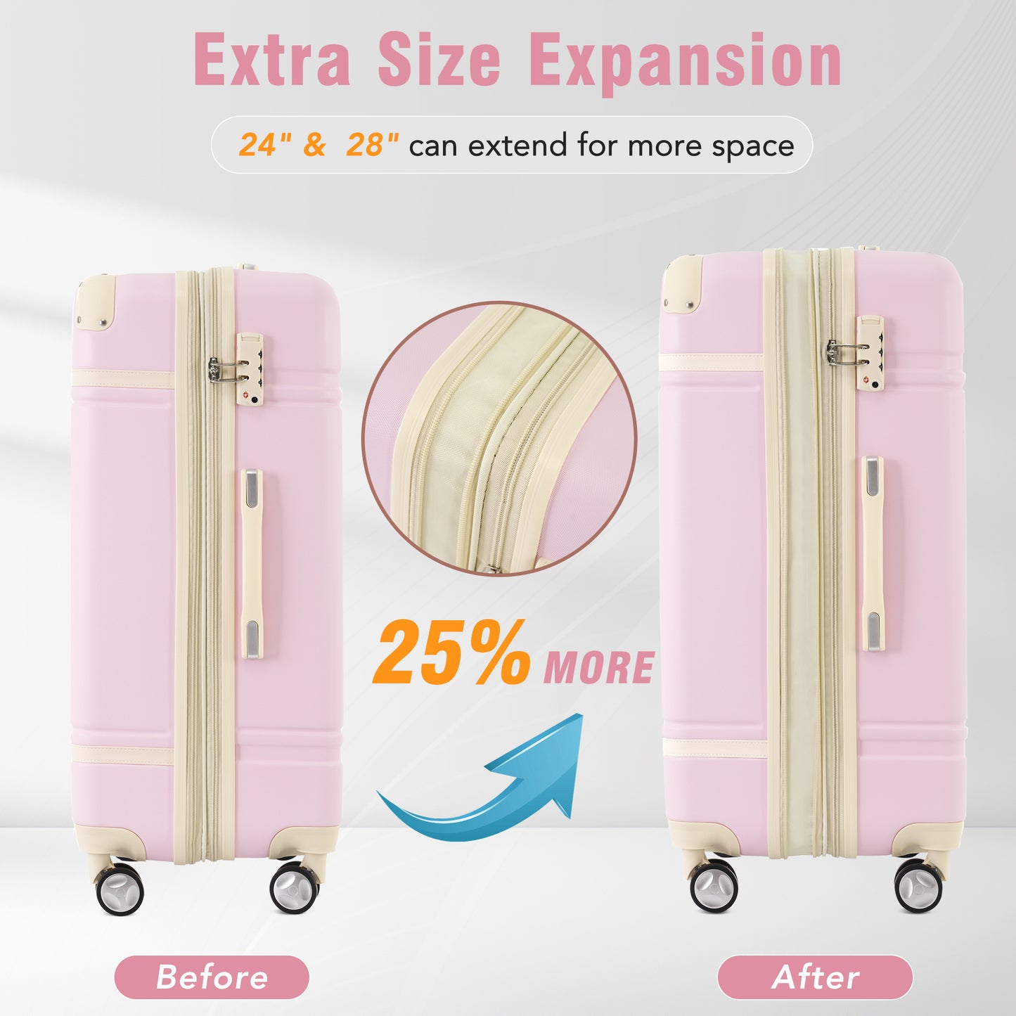 Pink expandable suitcase shown before and after  expansion for more travel space