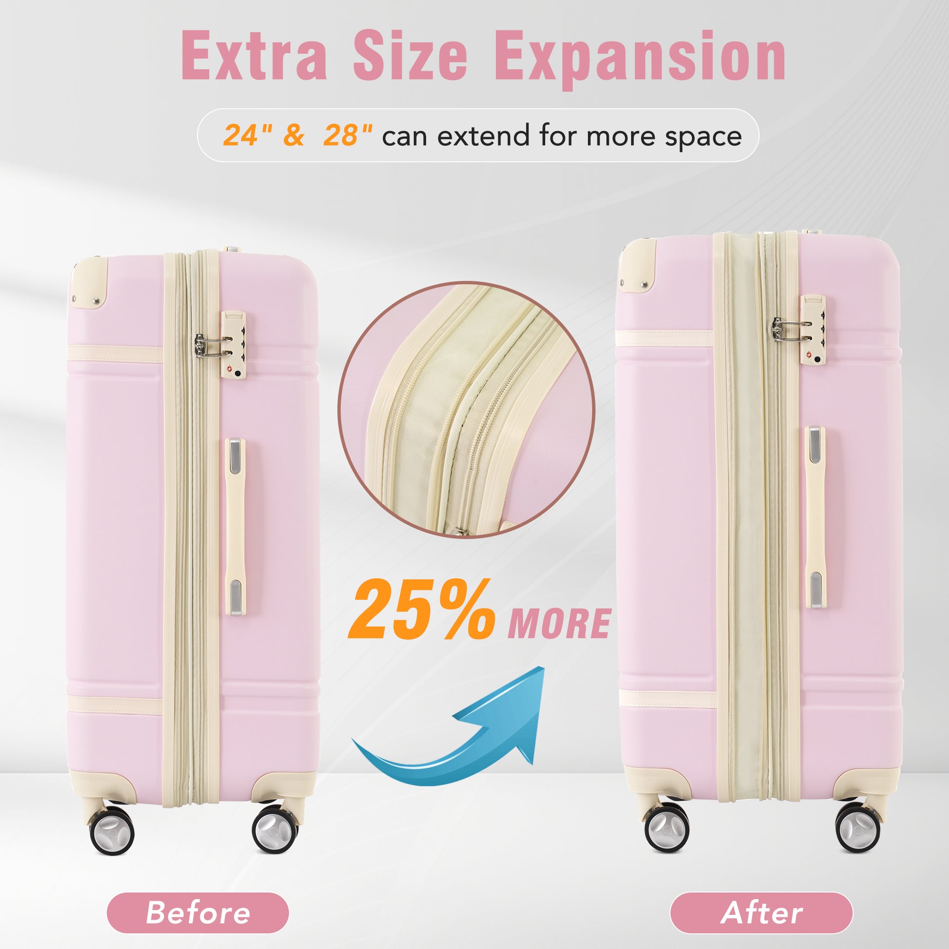 Pink expandable suitcase shown before and after  expansion for more travel space