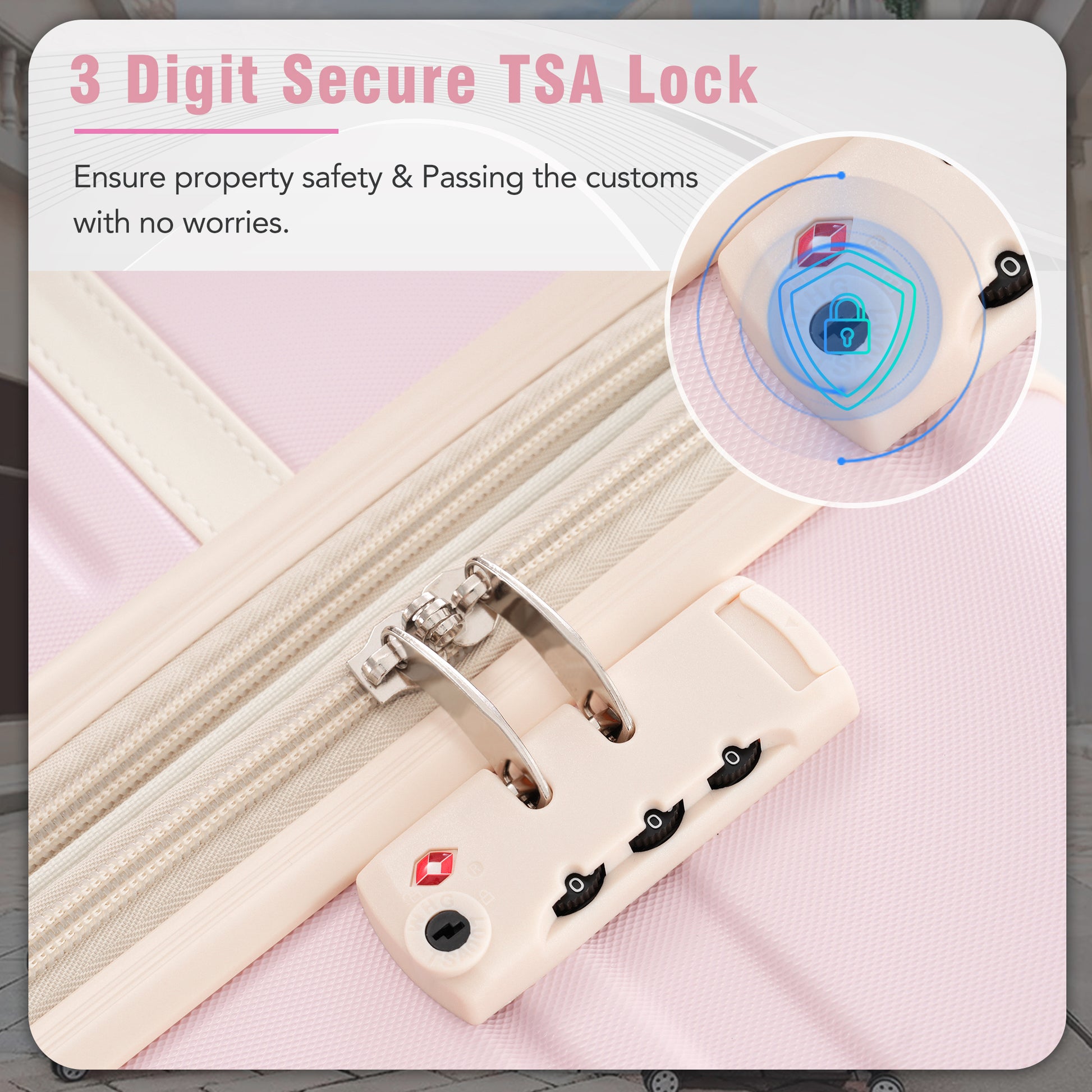 Closeup of a beige  digit TSA lock on a pink suitcase with a zipper detail