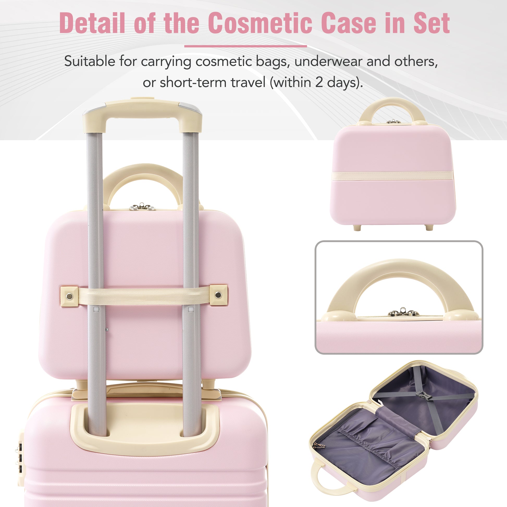 Pink cosmetic case with beige accents and TSA lock ideal for travel