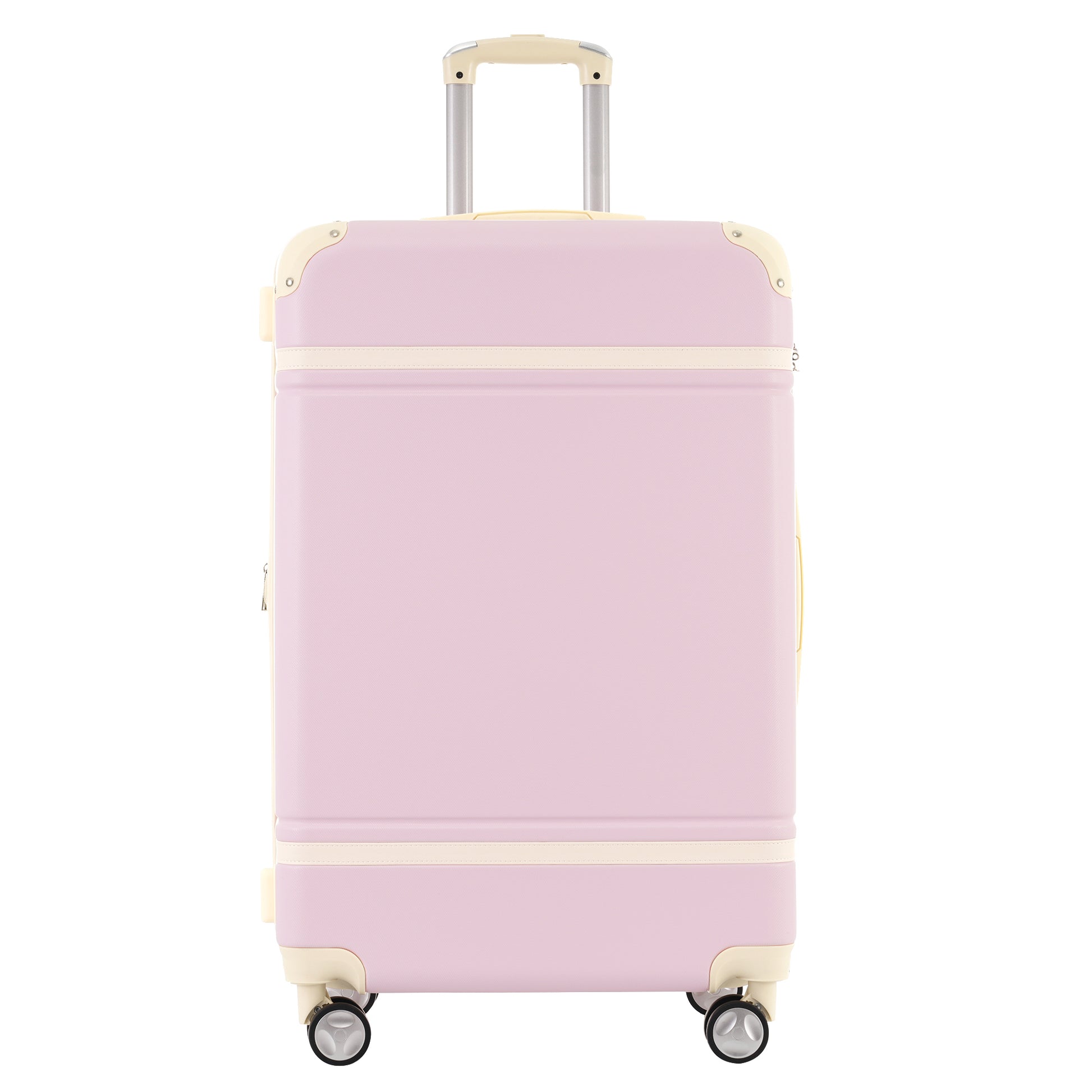 Light pink hardshell suitcase with cream accents and four spinner wheels